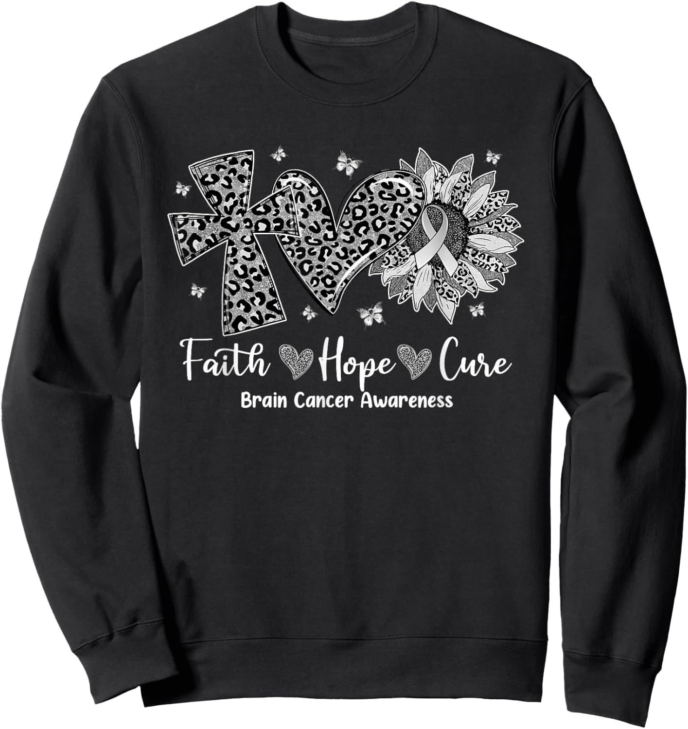 Faith Hope Cure Sunflower Leopard Brain Cancer Awareness Sweatshirt - Sweatshirt | Black