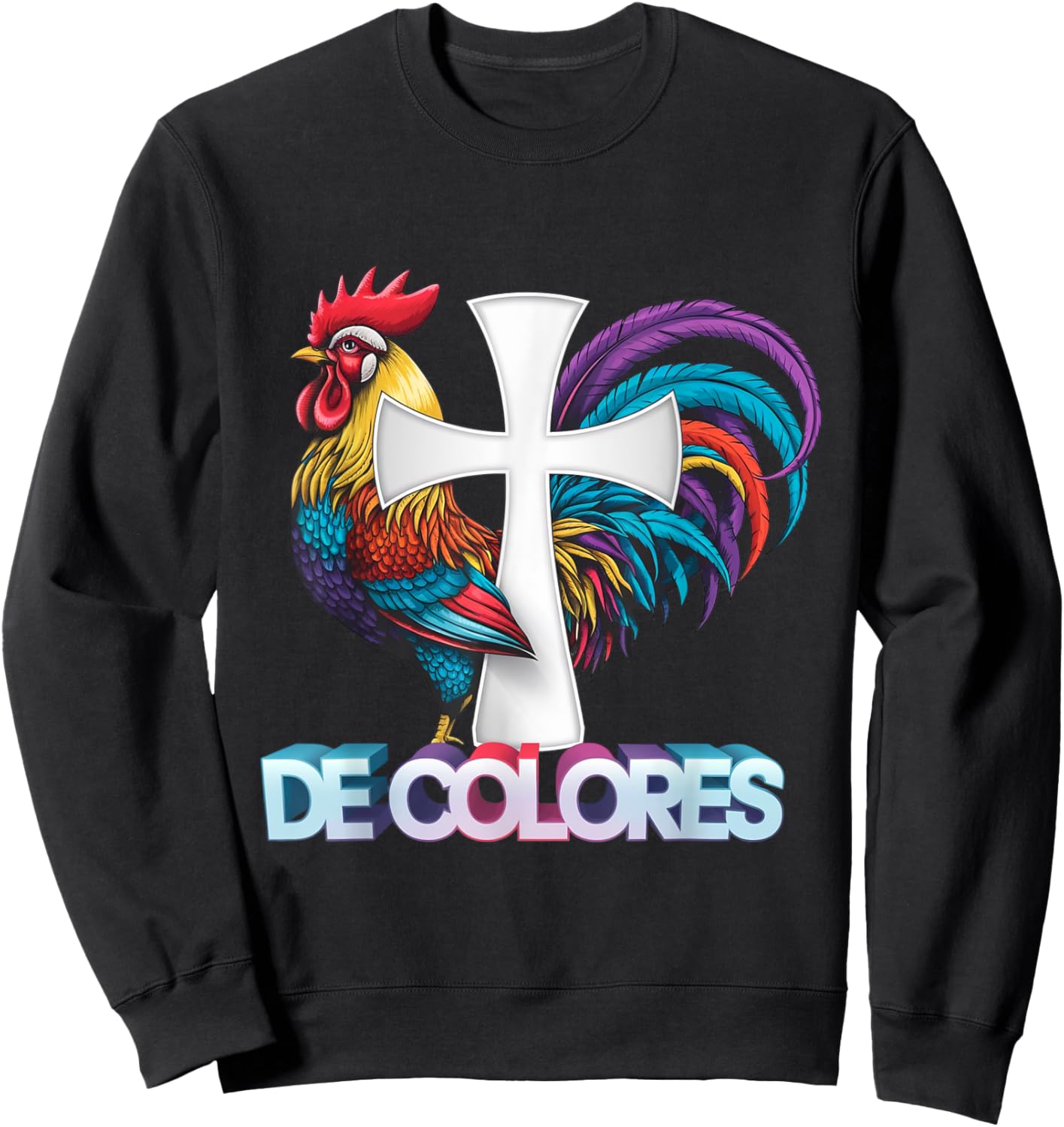 DeColores Cursillo Rainbow Rooster Catholic Sweatshirt - Sweatshirt | Black