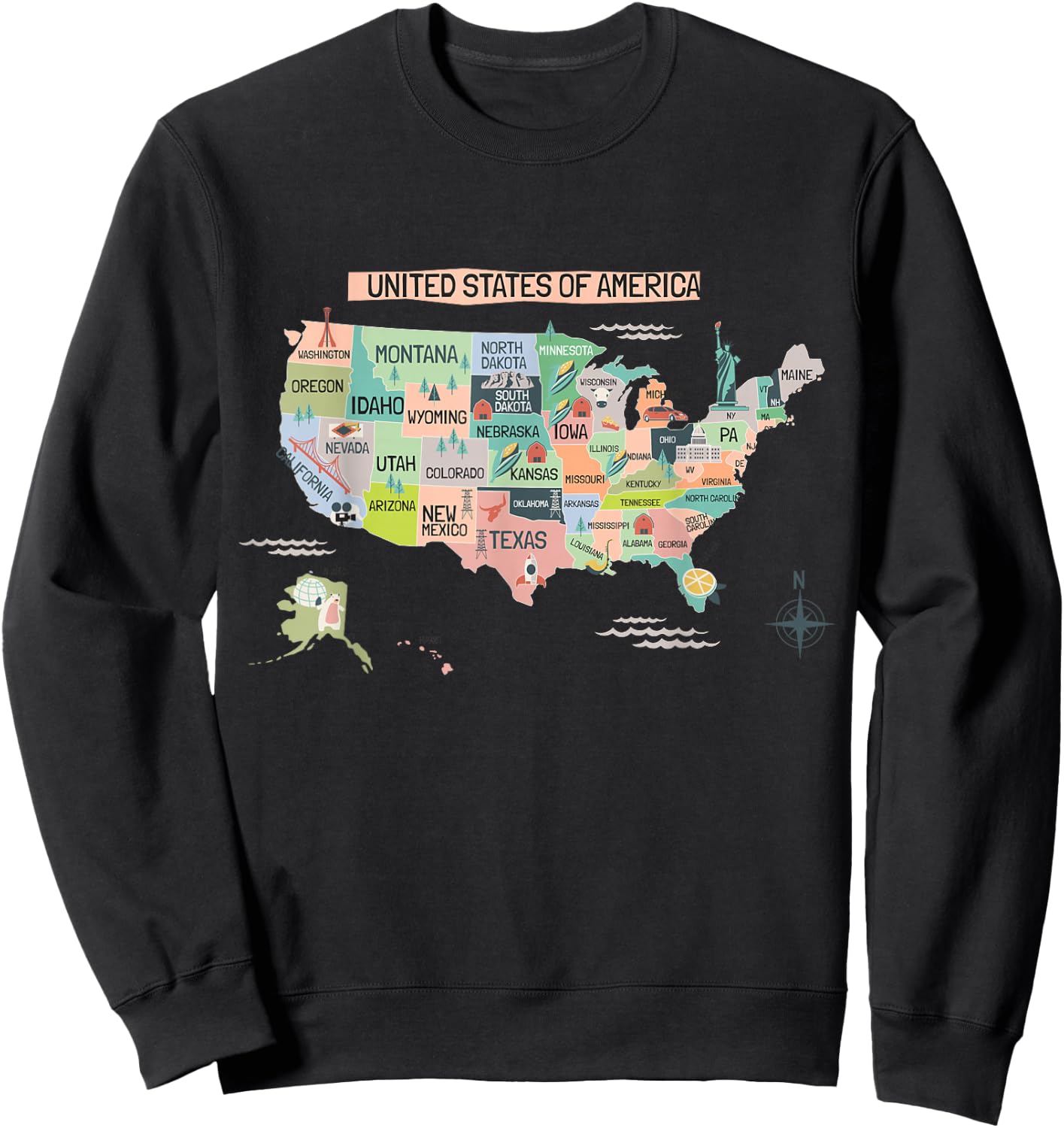 United States America Educational USA Wonders & States Map Sweatshirt - Sweatshirt | Black