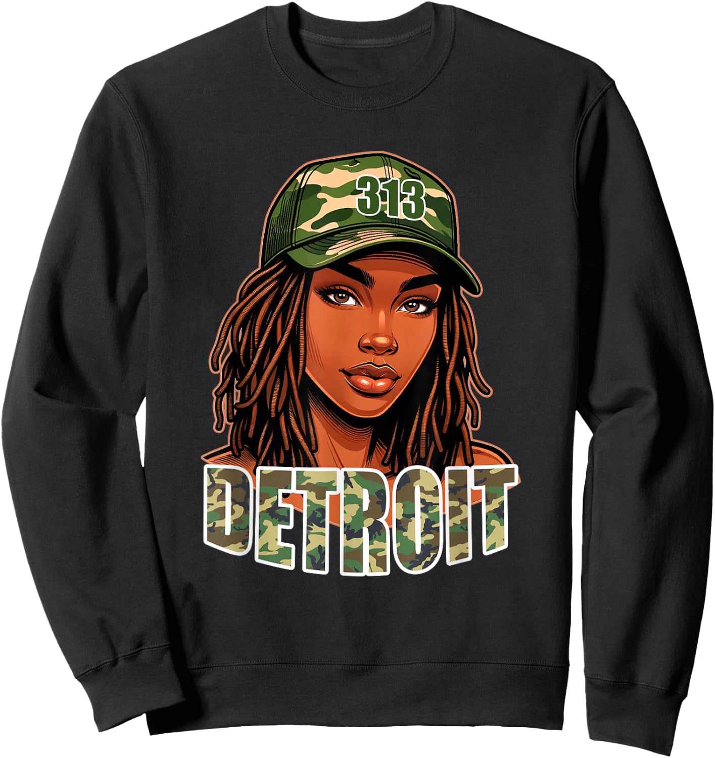 Detroit 313 Camo Hat Black Woman Locs Sweatshirt - Sweatshirt | Black