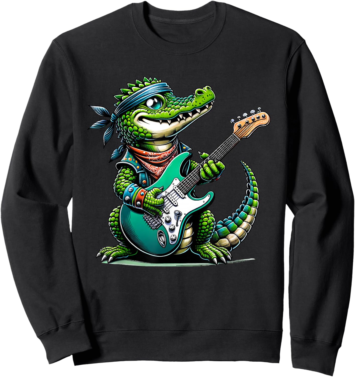 Crocodile Rock Star: Playful Guitar-Playing Alligator Sweatshirt - Sweatshirt | Black
