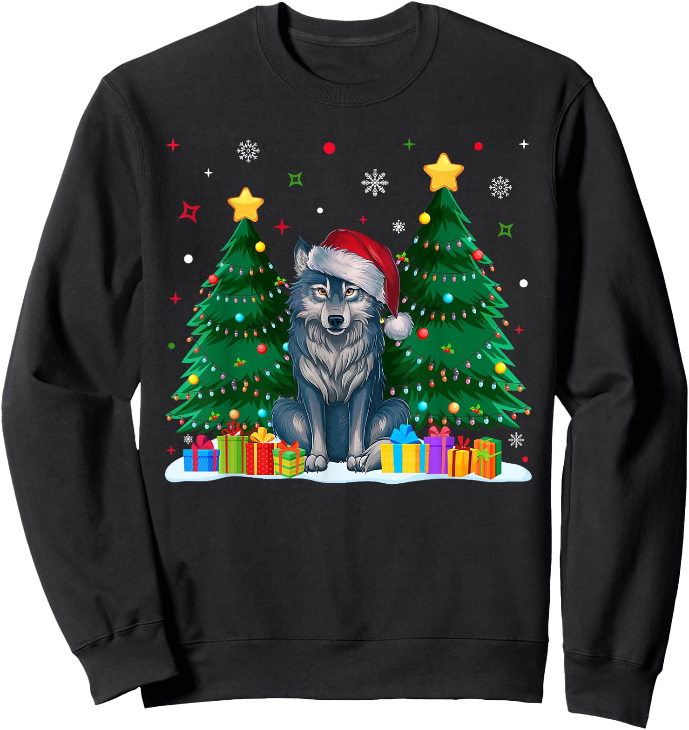 Funny Animal Lovers Wolf Santa Hat Ugly Christmas Sweater Sweatshirt - Sweatshirt | Black