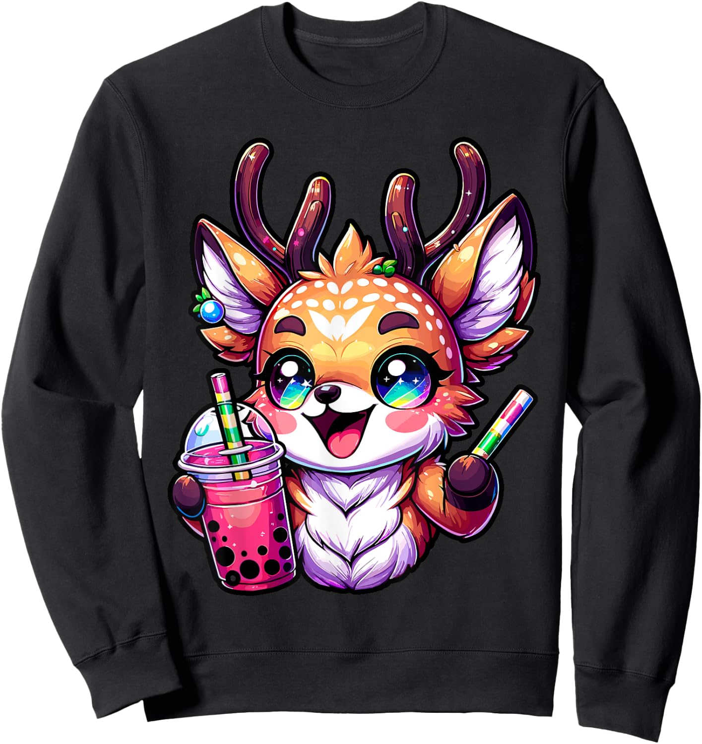 Deer kawaii Bubble Tea Anime Kawaii Milk tea Sweatshirt - Sweatshirt | Black