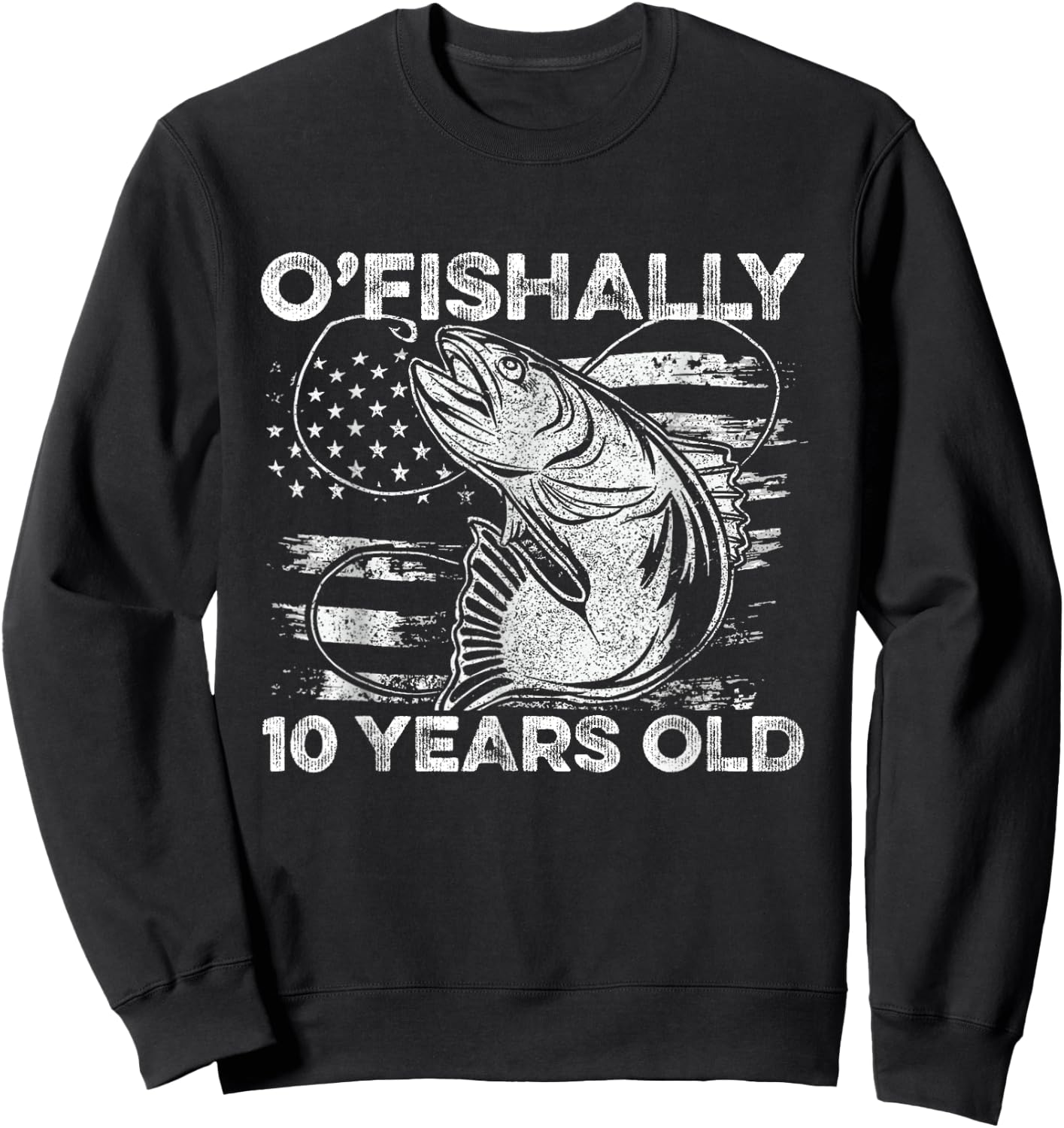 Ofishally 10 Year Old Shirt 10th Birthday Fishing US Flag Sweatshirt - Sweatshirt | Black