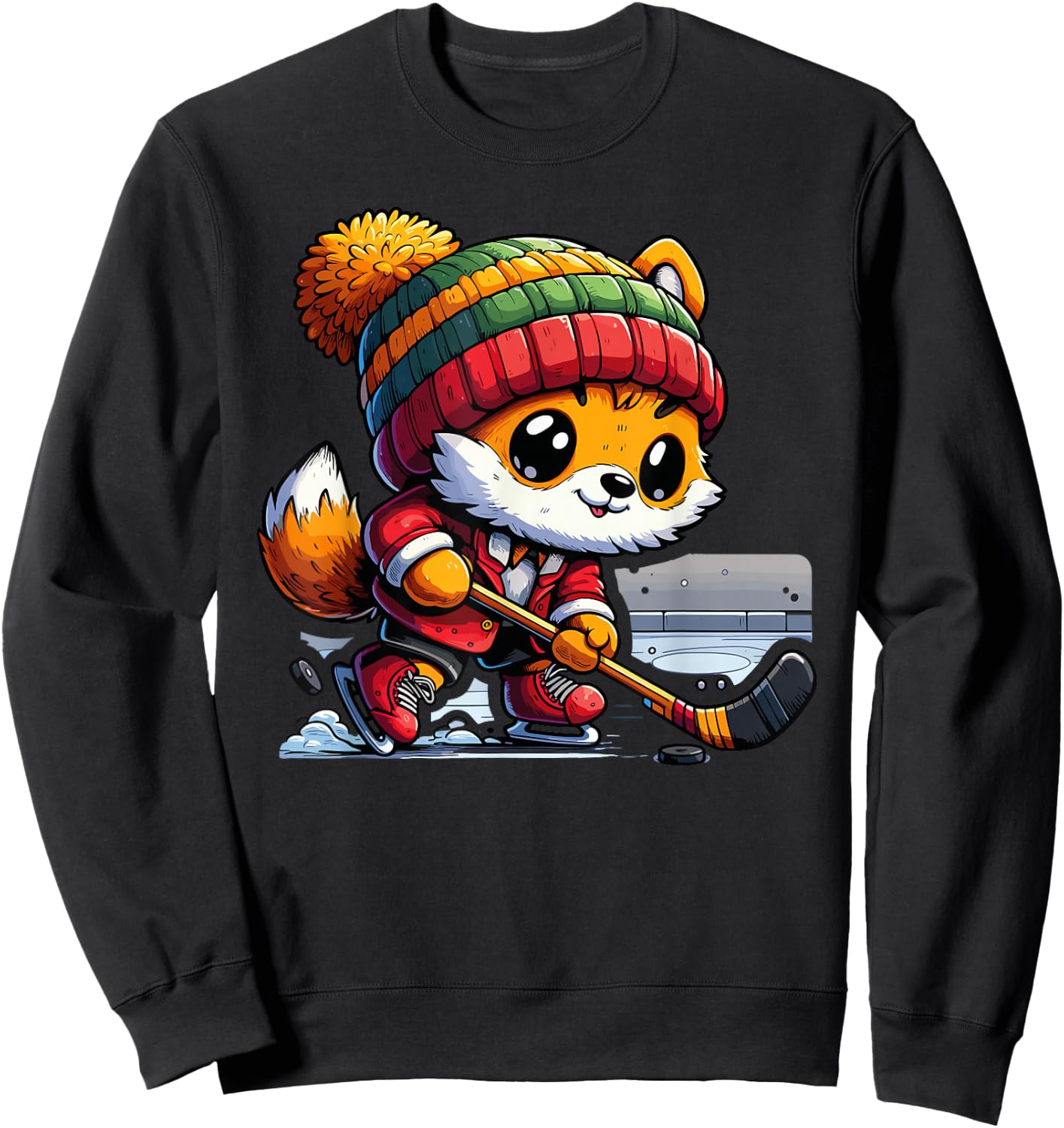 Cute Fox Playing Ice Hockey Skating Winter Sports Player Sweatshirt - Sweatshirt | Black