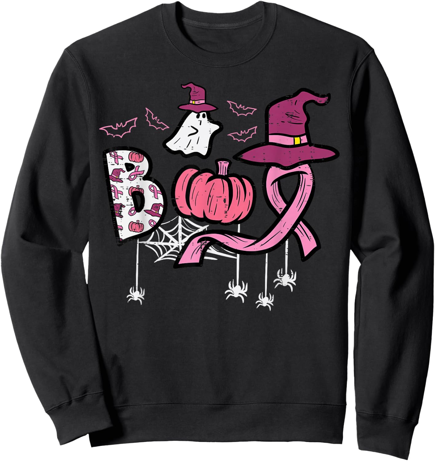 Breast Cancer Boo Halloween Pink Ribbon Aware Women Kids Men Sweatshirt - Sweatshirt | Black