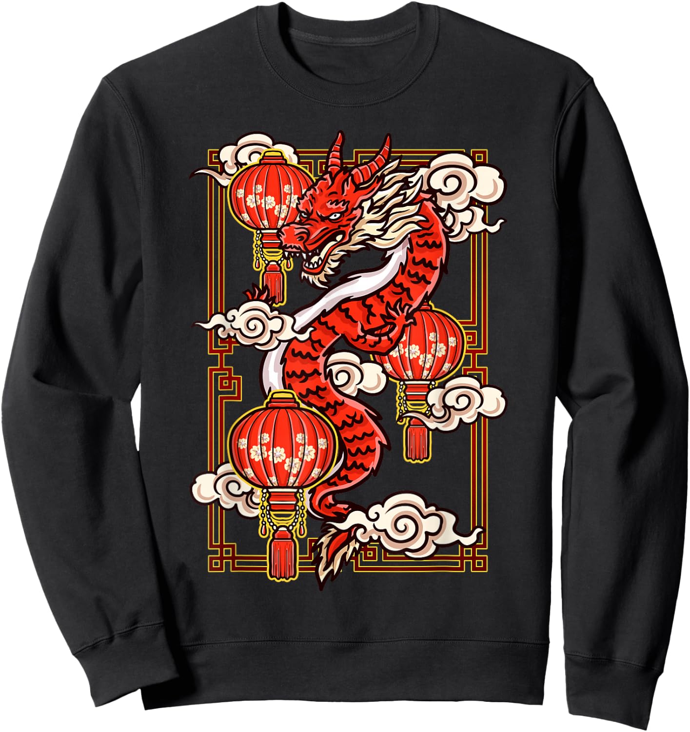 Red Chinese New Year of the Dragon 2024 Lanterns Clouds Sweatshirt - Sweatshirt | Black