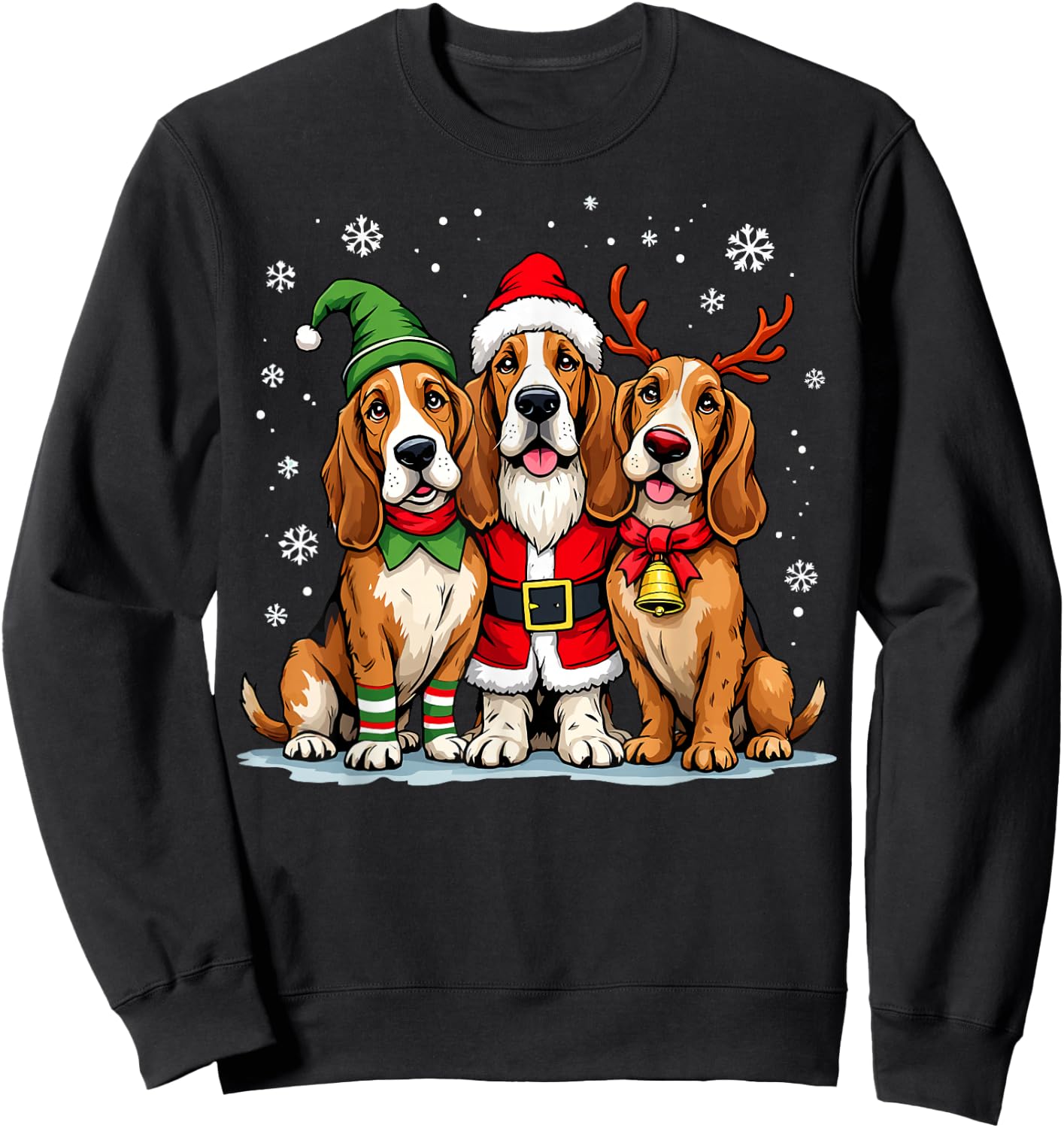 Basset Hound Christmas Dogs Funny Santa Reindeer Elf Holiday Sweatshirt - Sweatshirt | Black
