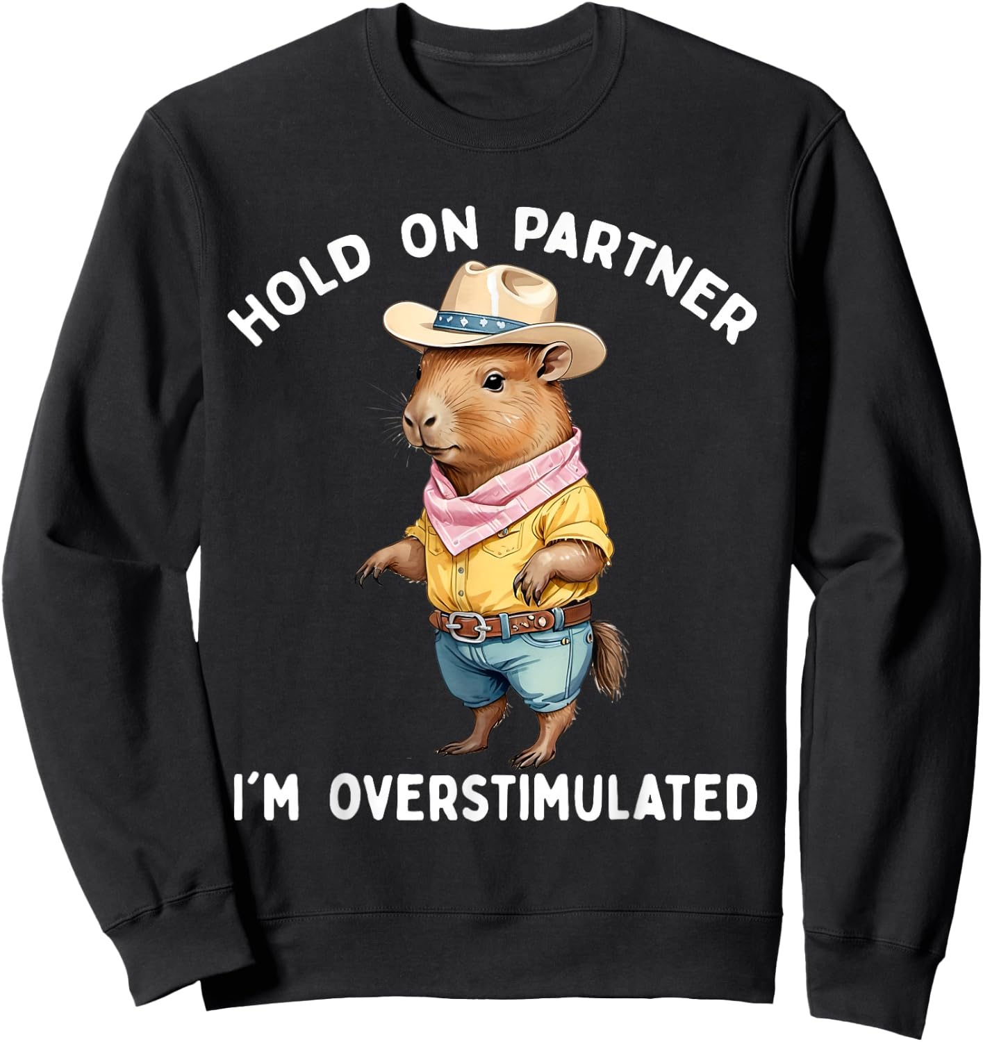 Hold On Partner I'm Overstimulated Capybara Cowboy Funny Sweatshirt - Sweatshirt | Black