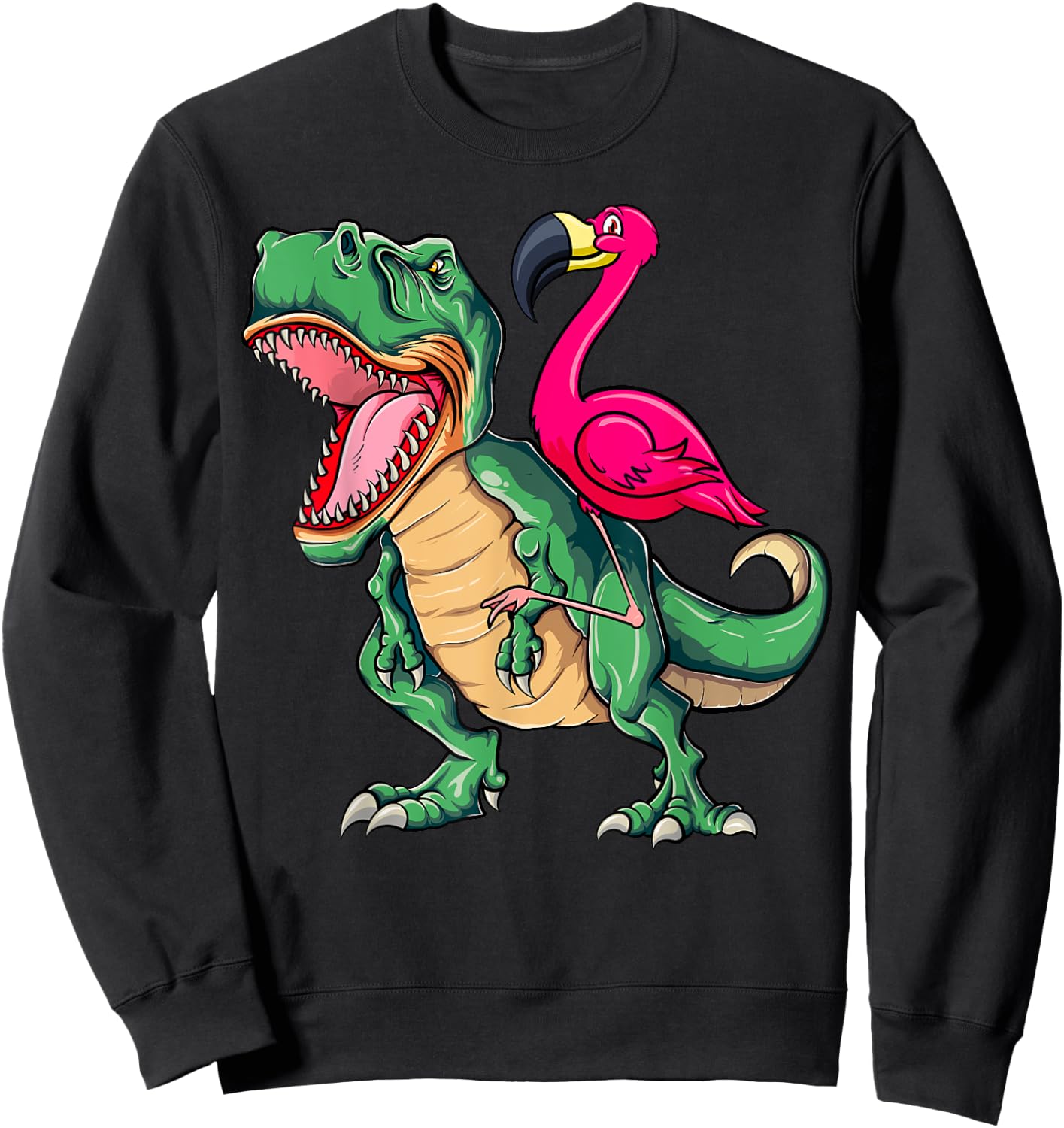 Flamingo Riding Dinosaur T rex Funny Flamingo Tyrannosaurus Sweatshirt - Sweatshirt | Black