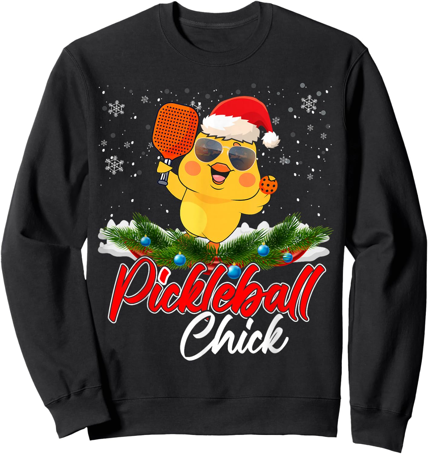 Pickleball Chick Funny Santa Hat Sunglass Snowflakes Xmas Sweatshirt - Sweatshirt | Black
