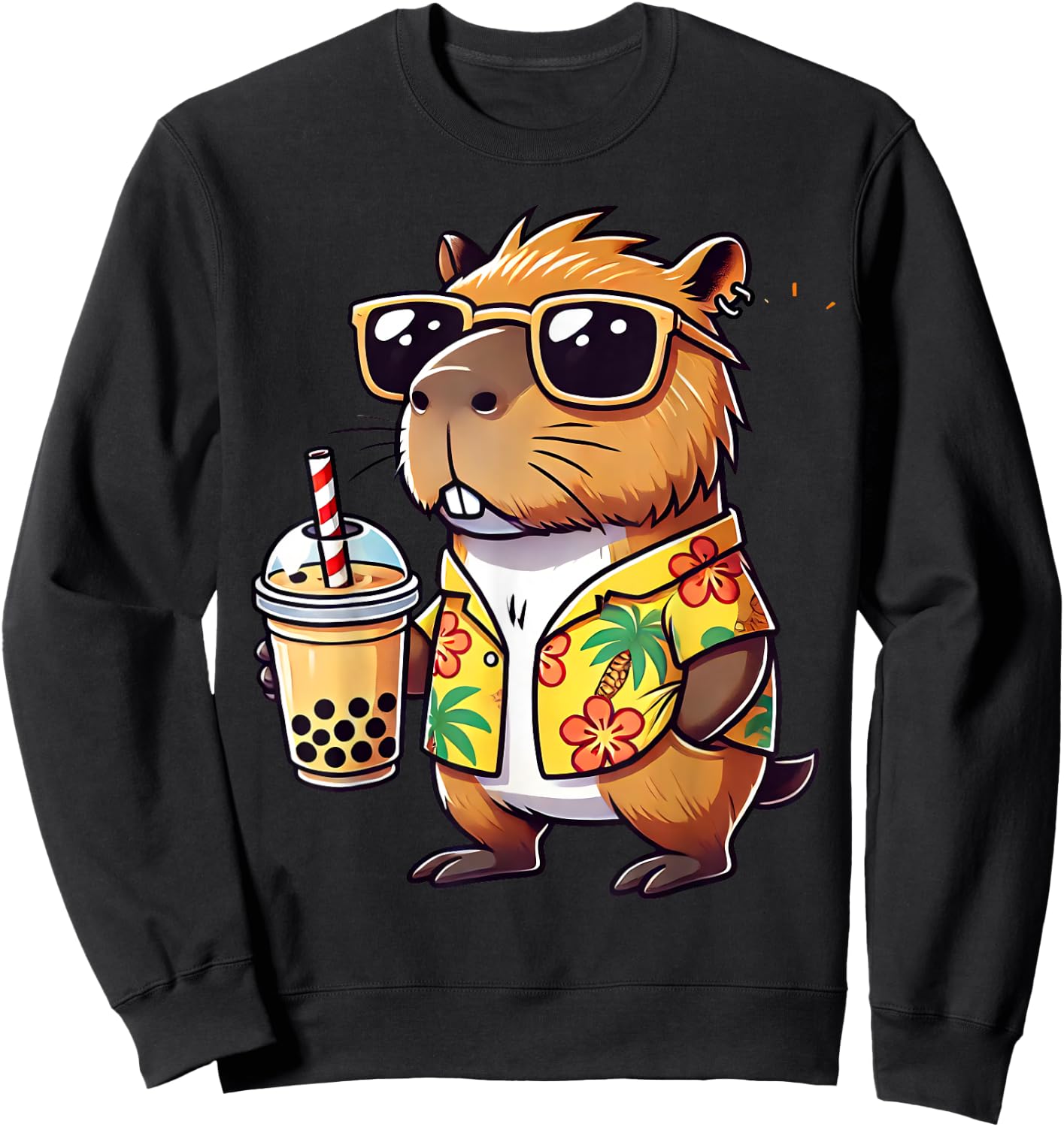 Funny Capybara Summer Hawaii Boba Tea Sunglass Men Women Sweatshirt - Sweatshirt | Black