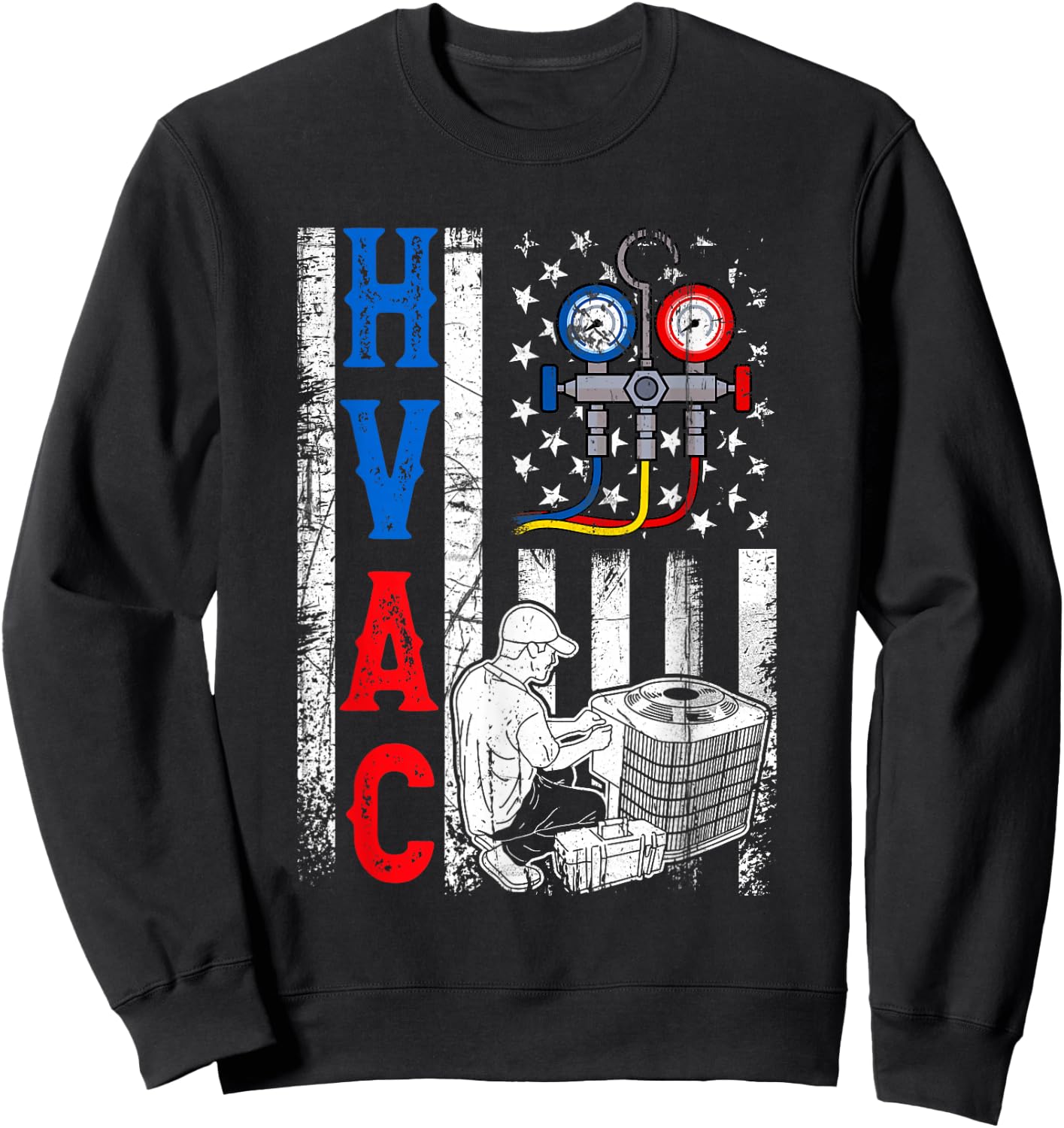 Distressed Proud USA HVAC Tech American Flag HVAC Technician Sweatshirt - Sweatshirt | Black