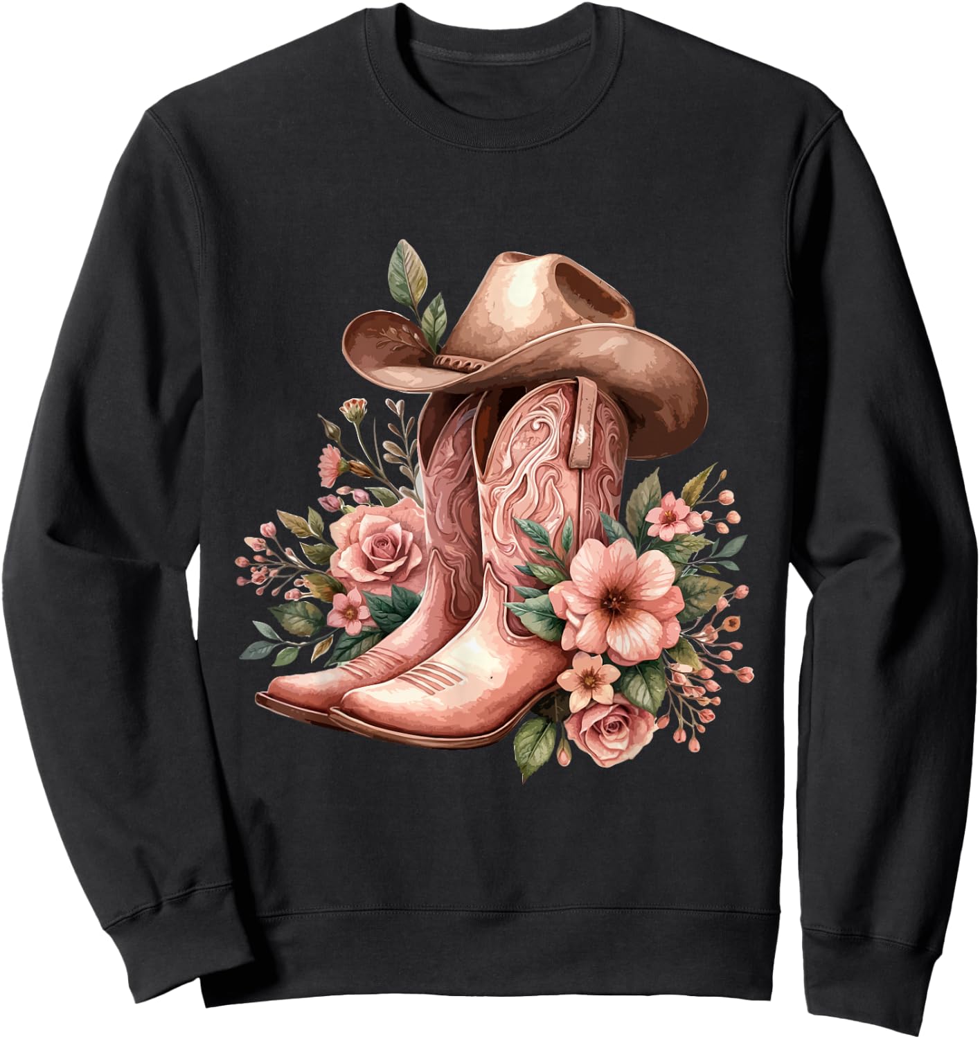 Boho Watercolor Cowgirl Boots Hat Floral Boots Western Boots Sweatshirt - Sweatshirt | Black