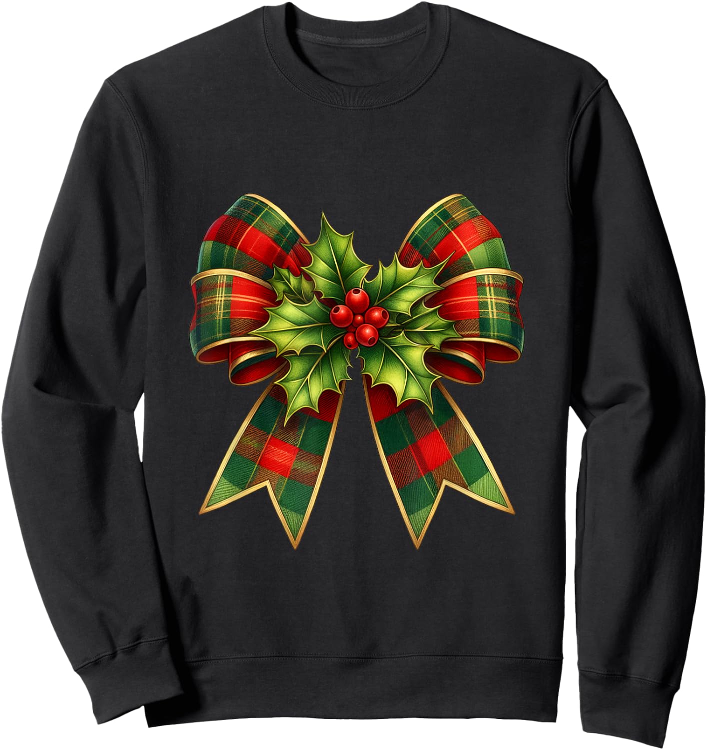 Holly Berries Christmas Coquette Bow Xmas Plaid Women Girls Sweatshirt - Sweatshirt | Black