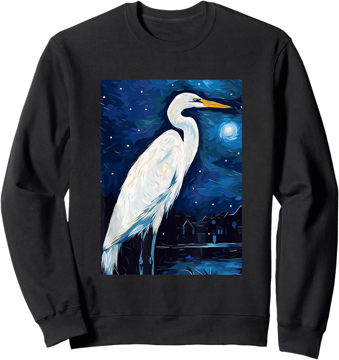 Great Egret Starry Night Painting Men Women Kids Sweatshirt - Sweatshirt | Black