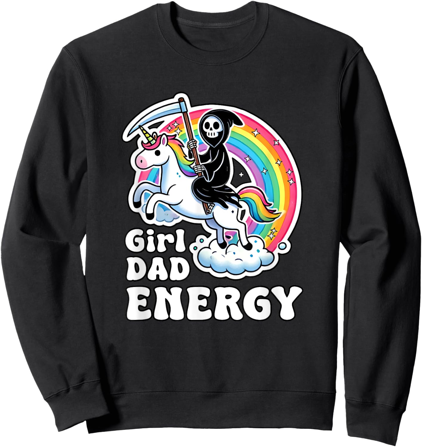Funny Girl Dad Energy Retro Unicorn Grim Reaper Sweatshirt - Sweatshirt | Black