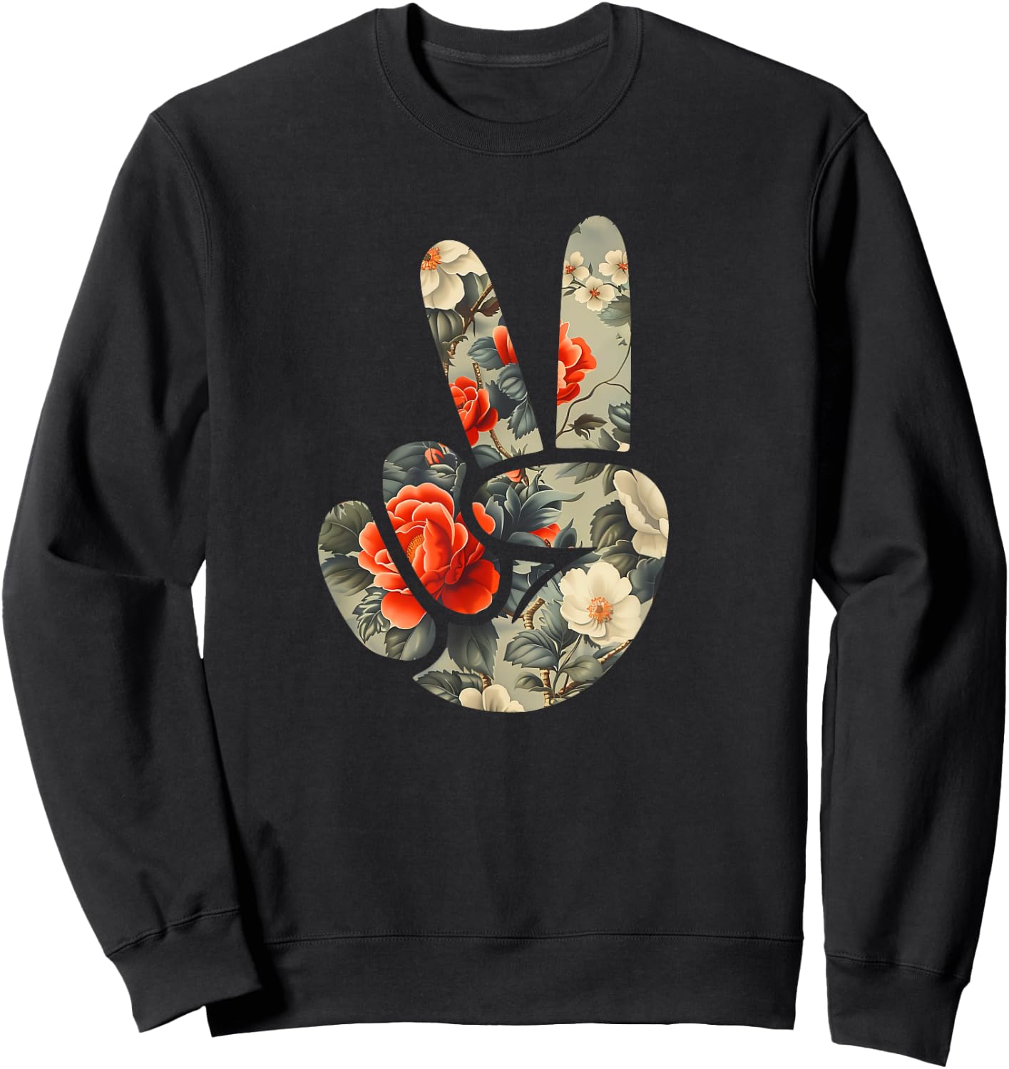 Elegant Silhouette Wildflowers Floral Peace Sign Hand Sweatshirt - Sweatshirt | Black