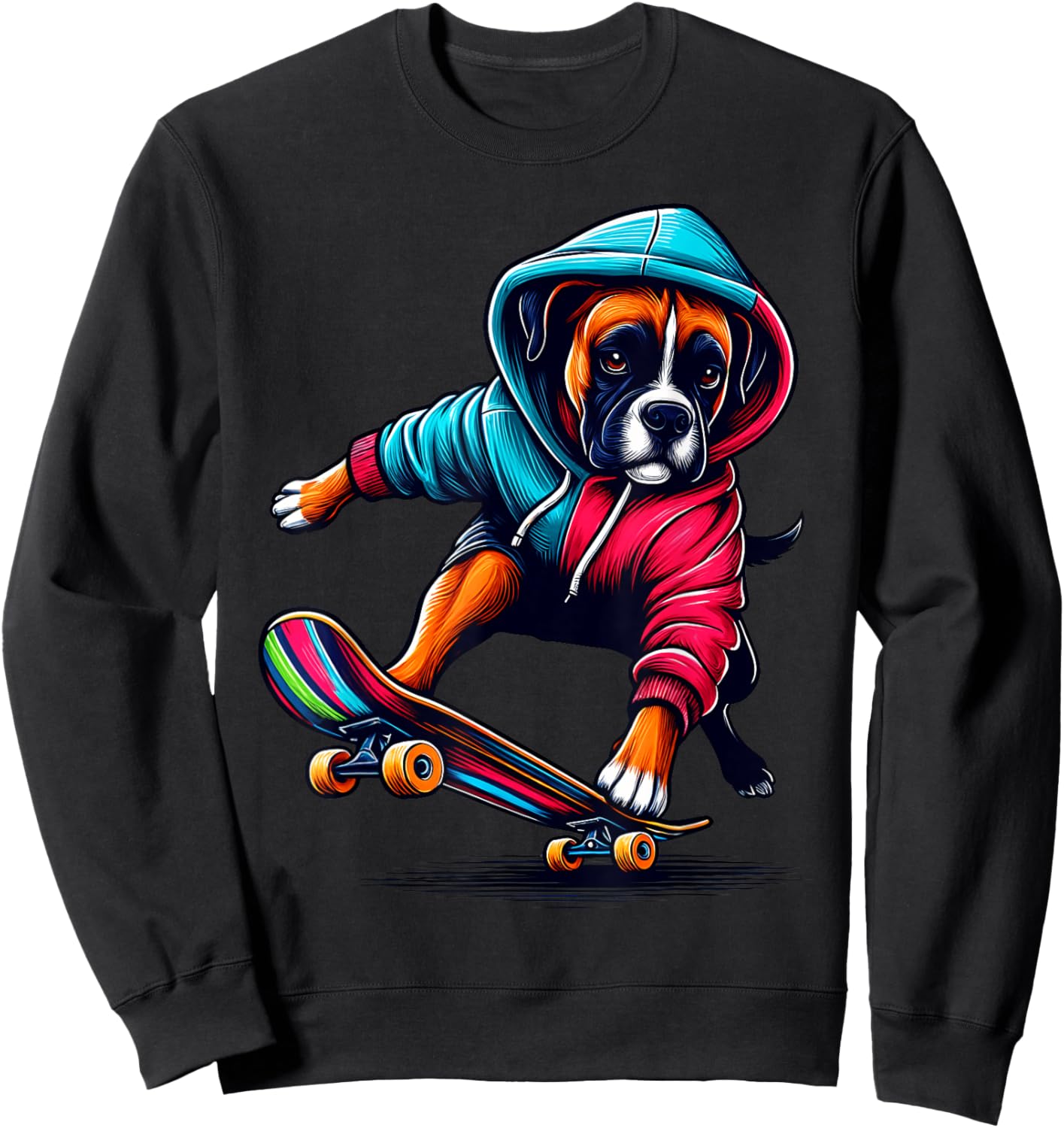 Cool Boxer Dog Skateboarding Illustration Art Men Women Girls Kids Sweatshirt - Sweatshirt | Black