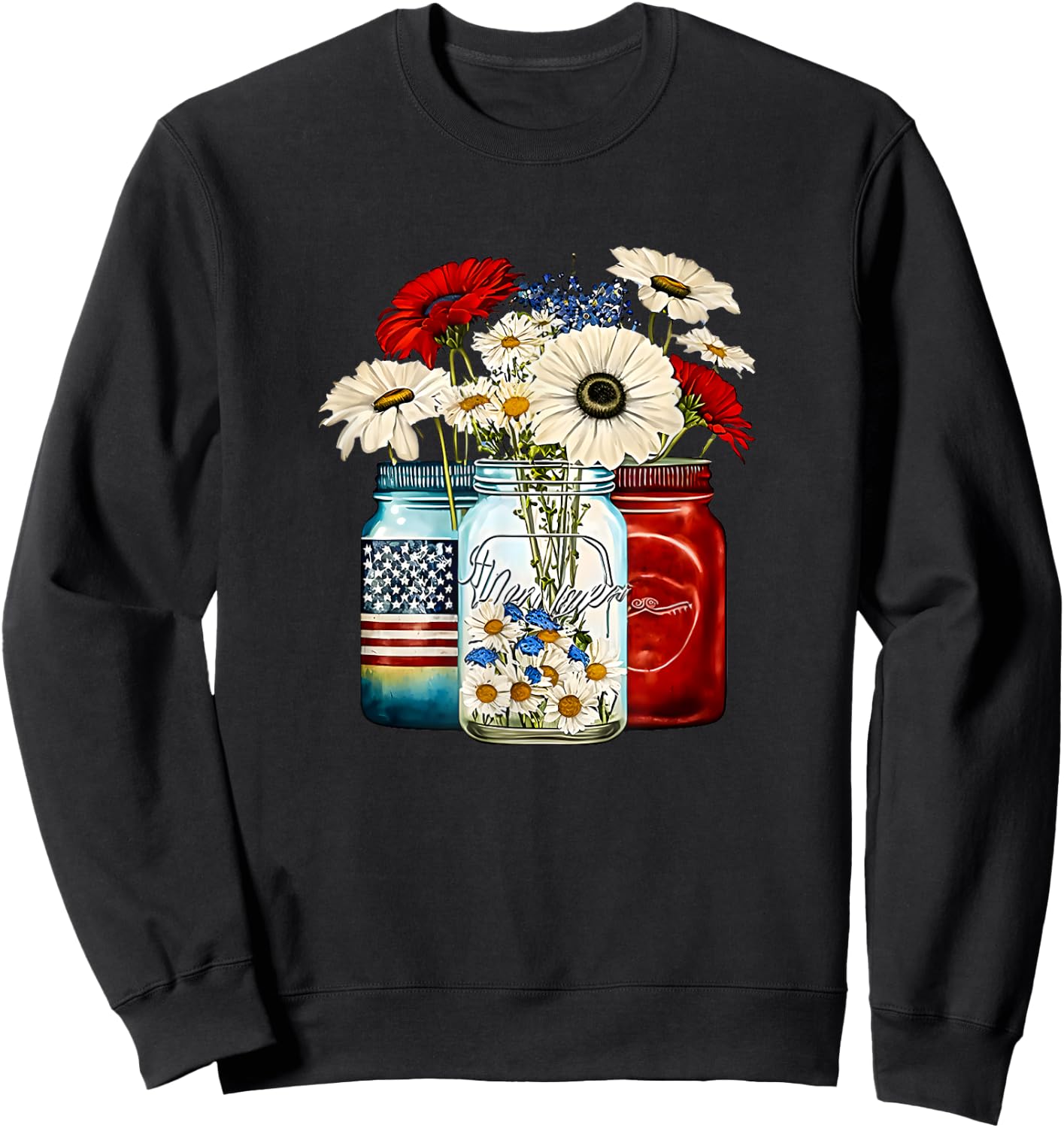 American Patriotic USA Flag Jars with Daisy 4th Of July Men Sweatshirt - Sweatshirt | Black