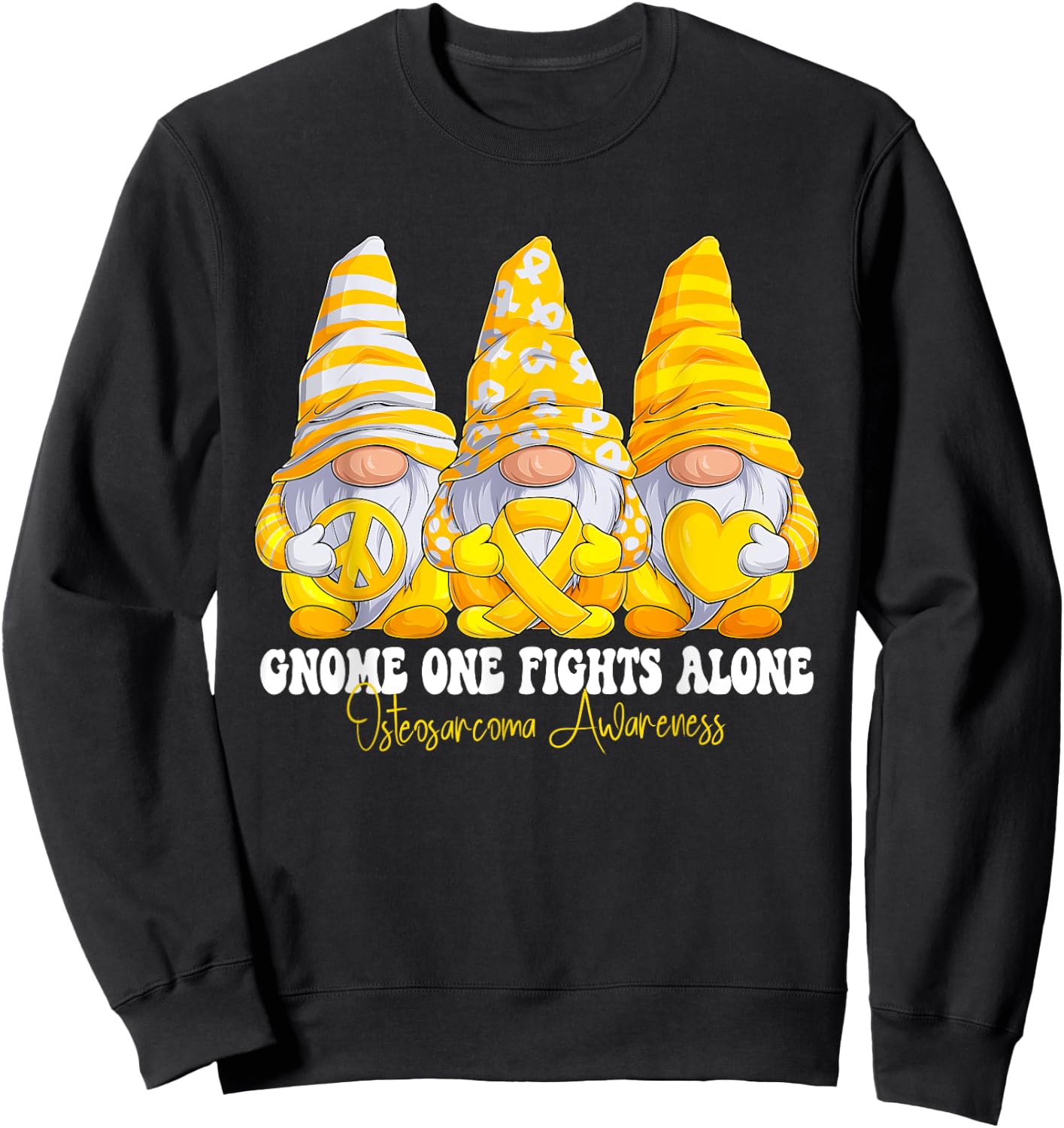 Osteosarcoma Awareness Month Yellow Ribbon Gnomies Support Sweatshirt - Sweatshirt | Black