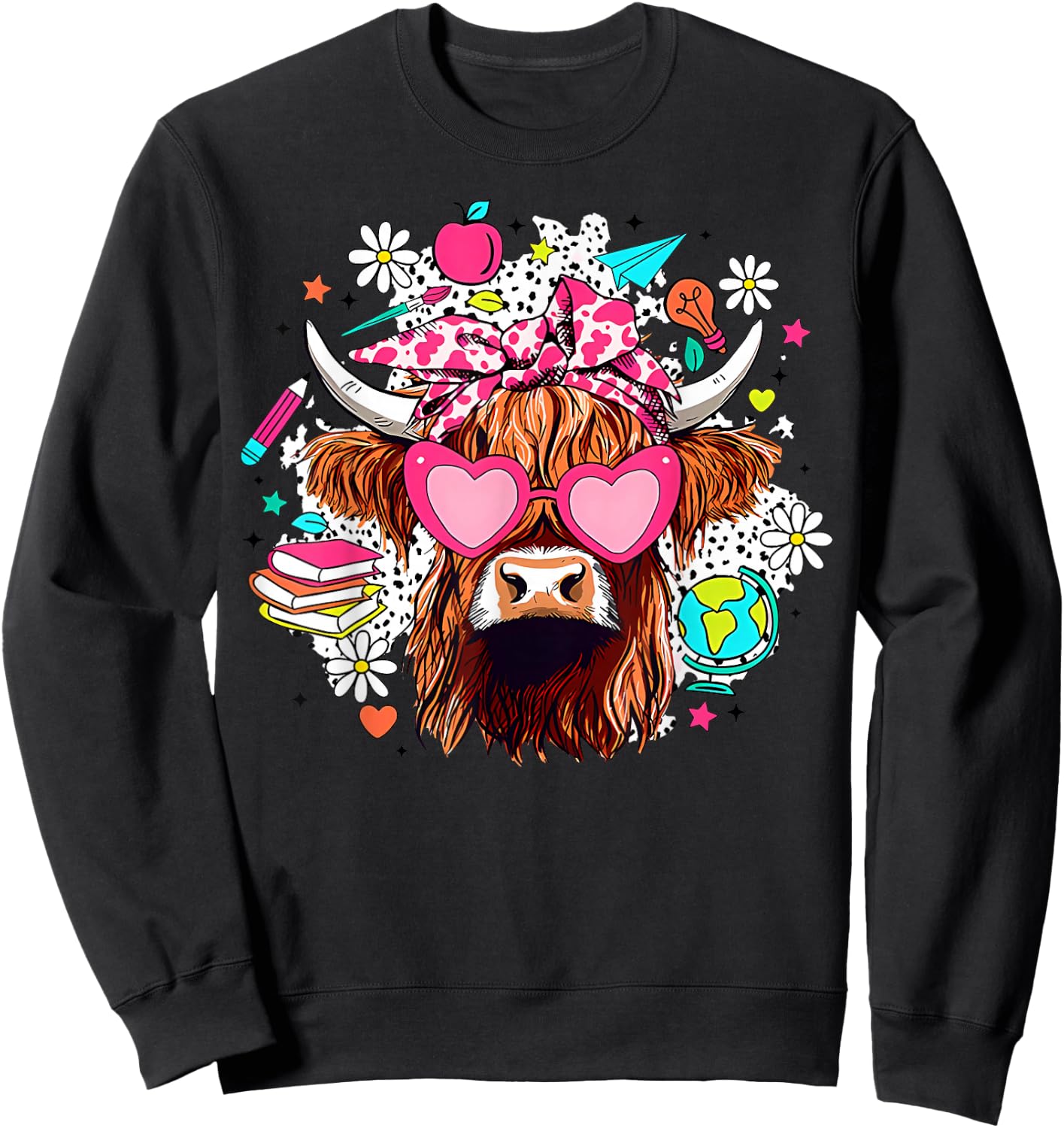 Retro Cute Highland Cow Teacher Bow Flower Heart Glasses Sweatshirt - Sweatshirt | Black
