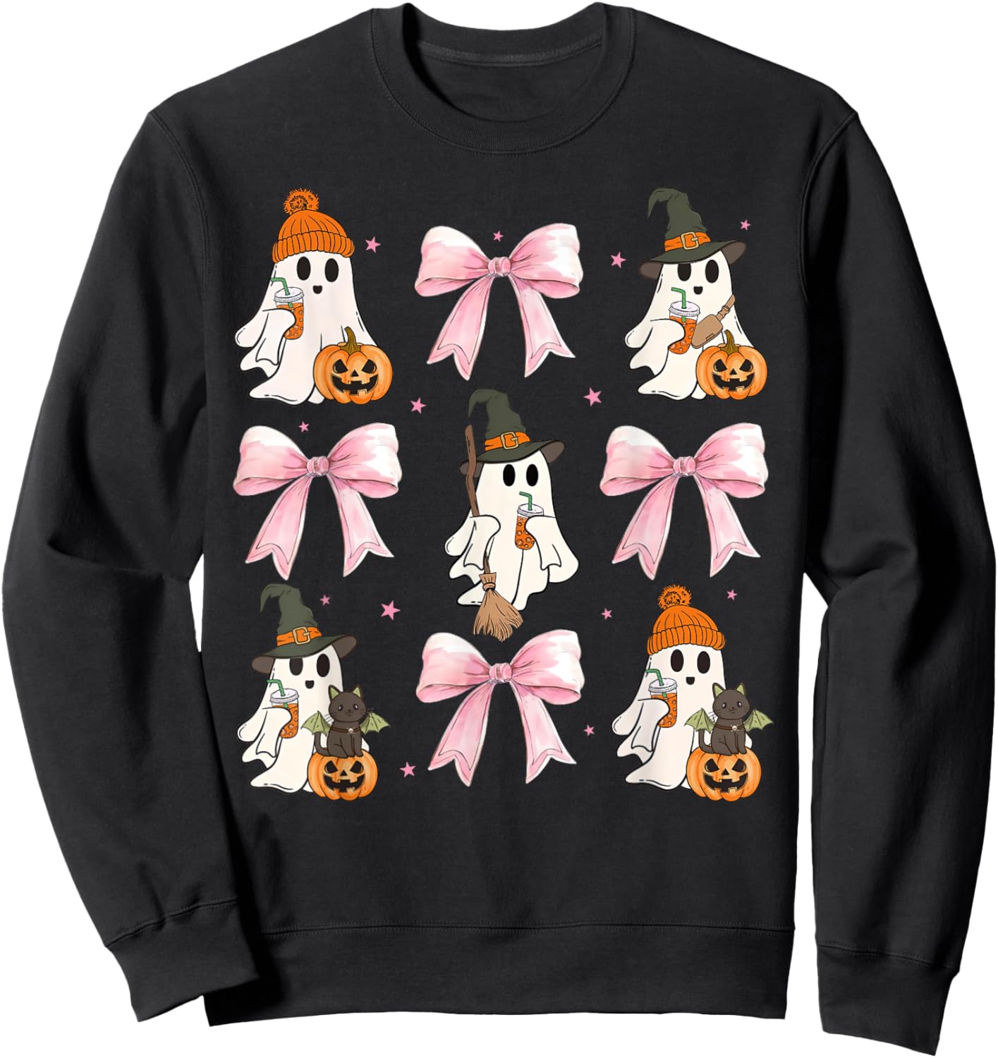 Pink Bow Cute Coquette Ghost Drinking Coffee Funny Halloween Sweatshirt - Sweatshirt | Black