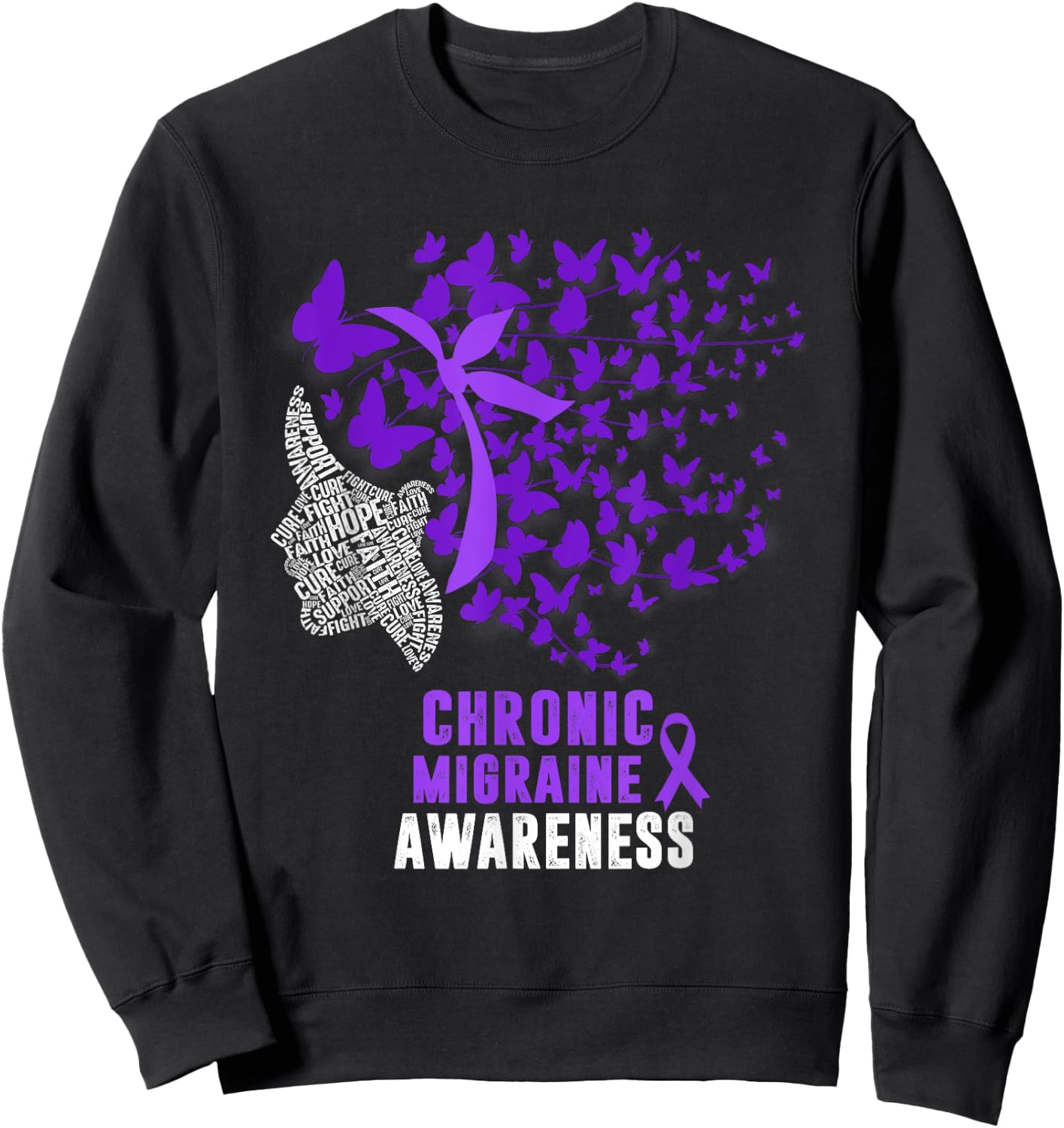 Chronic Migraine Awareness Month Butterfly Purple Ribbon Sweatshirt - Sweatshirt | Black