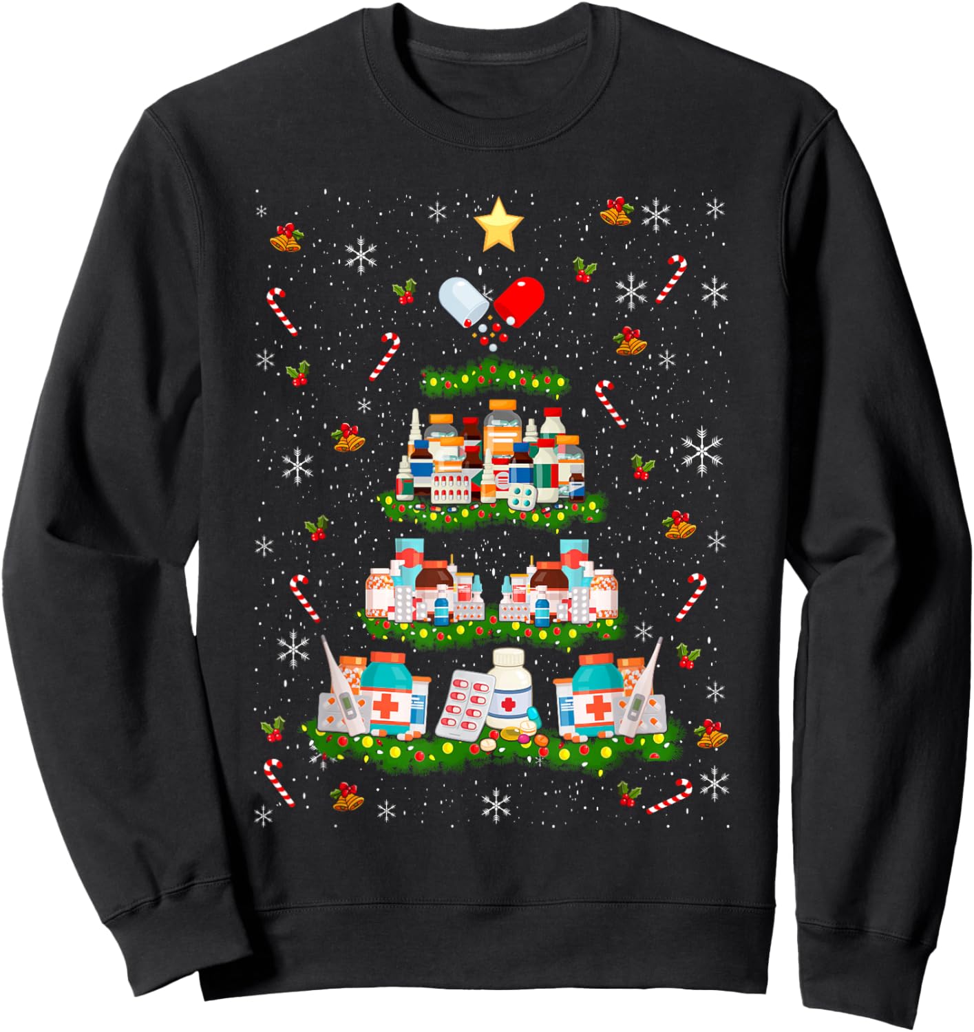 Pharmacy Christmas Tree Medication Fun Ugly Sweater Sweatshirt - Sweatshirt | Black