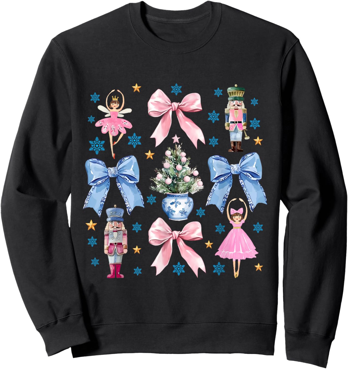 Coquette Pink Blue Bow Nutcracker Xmas Merry Christmas Sweatshirt - Sweatshirt | Black