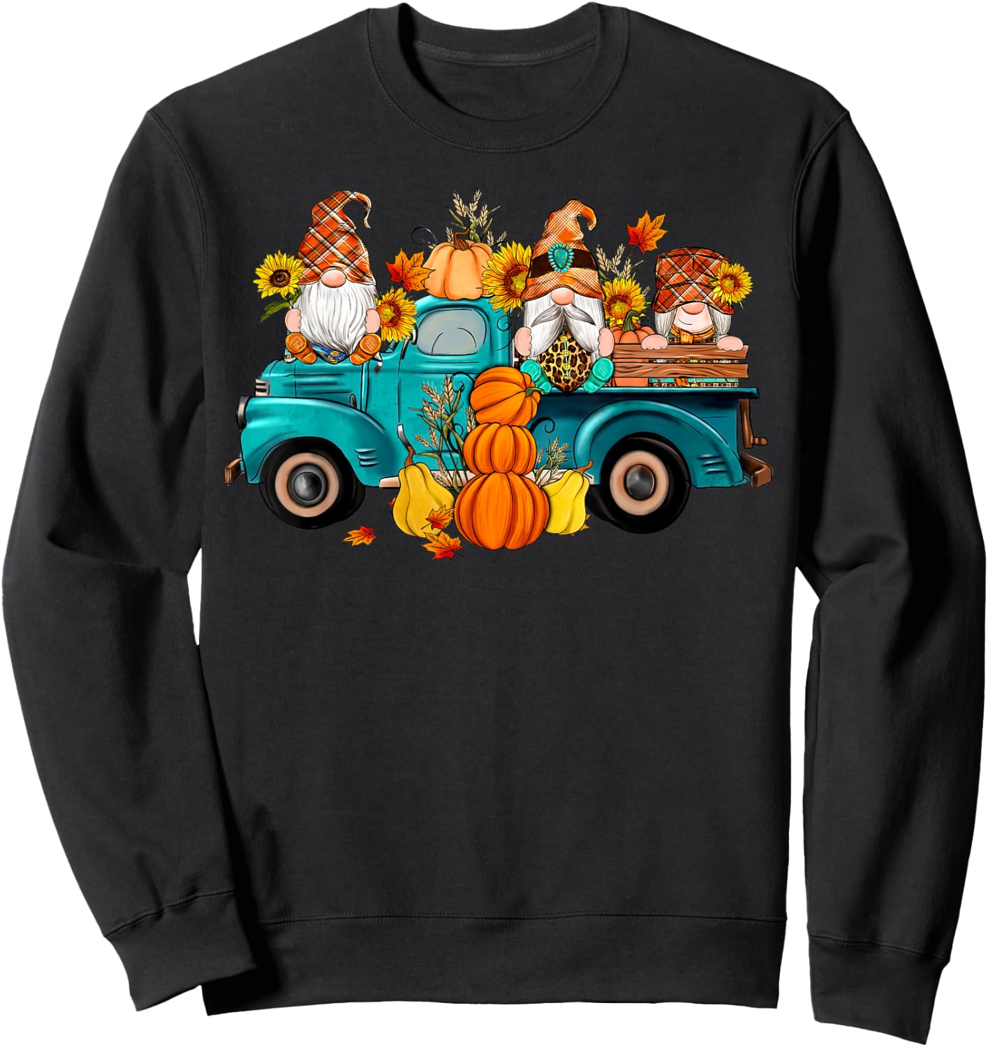 Cute Gnomes Truck Sunflower Pumpkin Fall Autumn Season Sweatshirt - Sweatshirt | Black