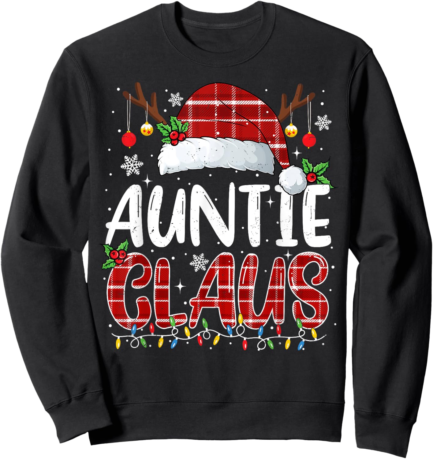 Auntie Claus Christmas Lights Pajama Family Matching Sweatshirt - Sweatshirt | Black