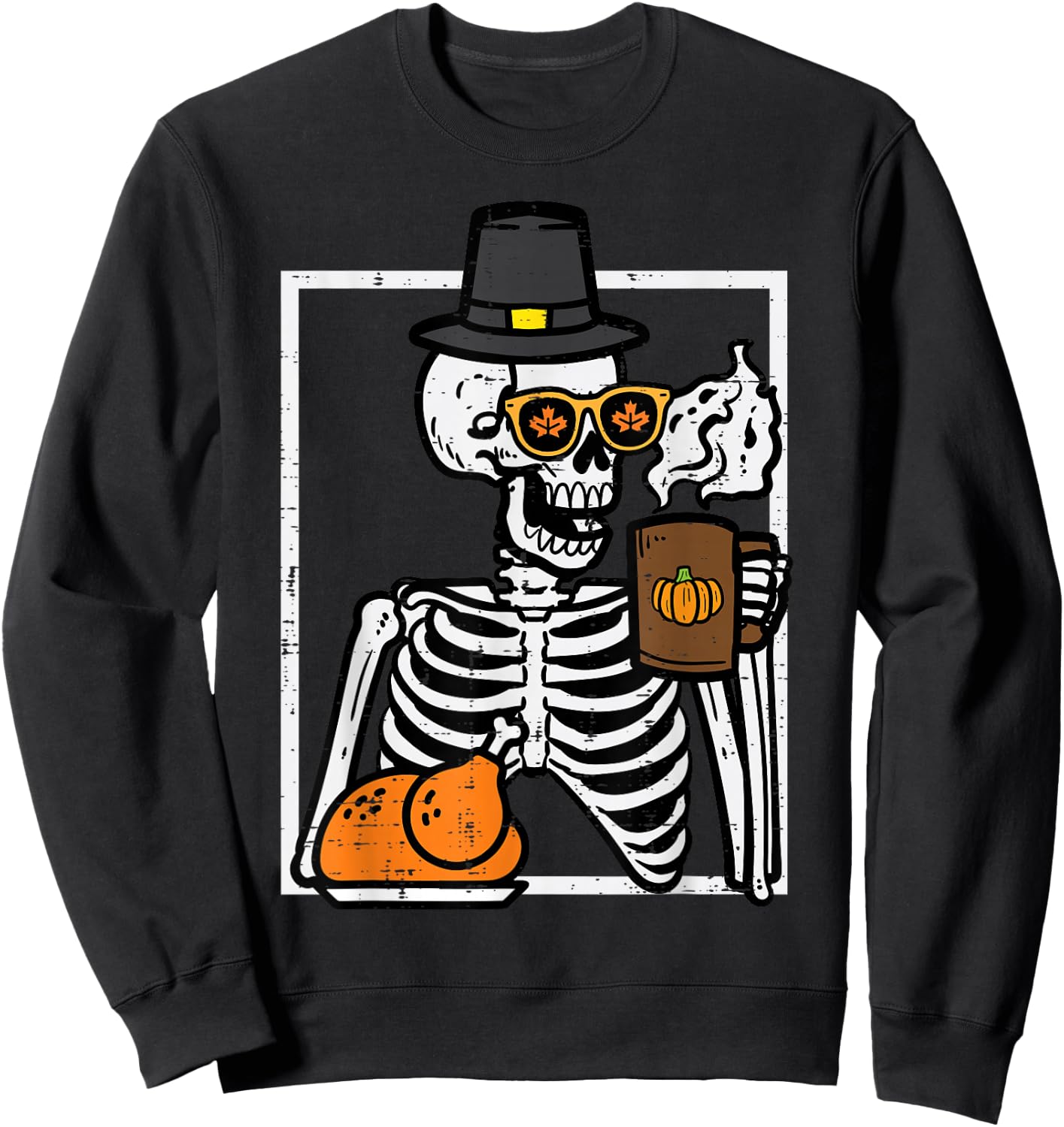 Thanksgiving Skeleton Coffee Funny Fall Men Women Kids Sweatshirt - Sweatshirt | Black