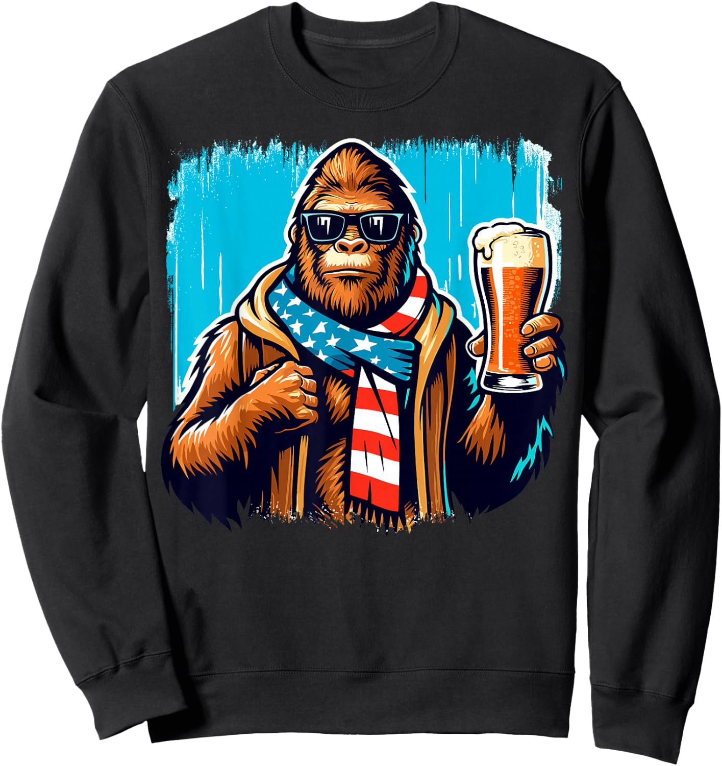Bigfoot Holding Beer USA Flag Sasquatch 4th of July Sweatshirt - Sweatshirt | Black