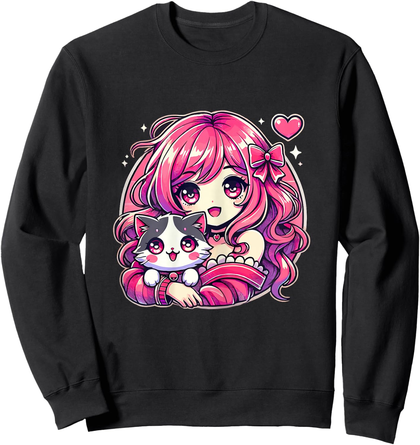 Anime Girl and Cat Kawaii Manga Girl Sweatshirt - Sweatshirt | Black