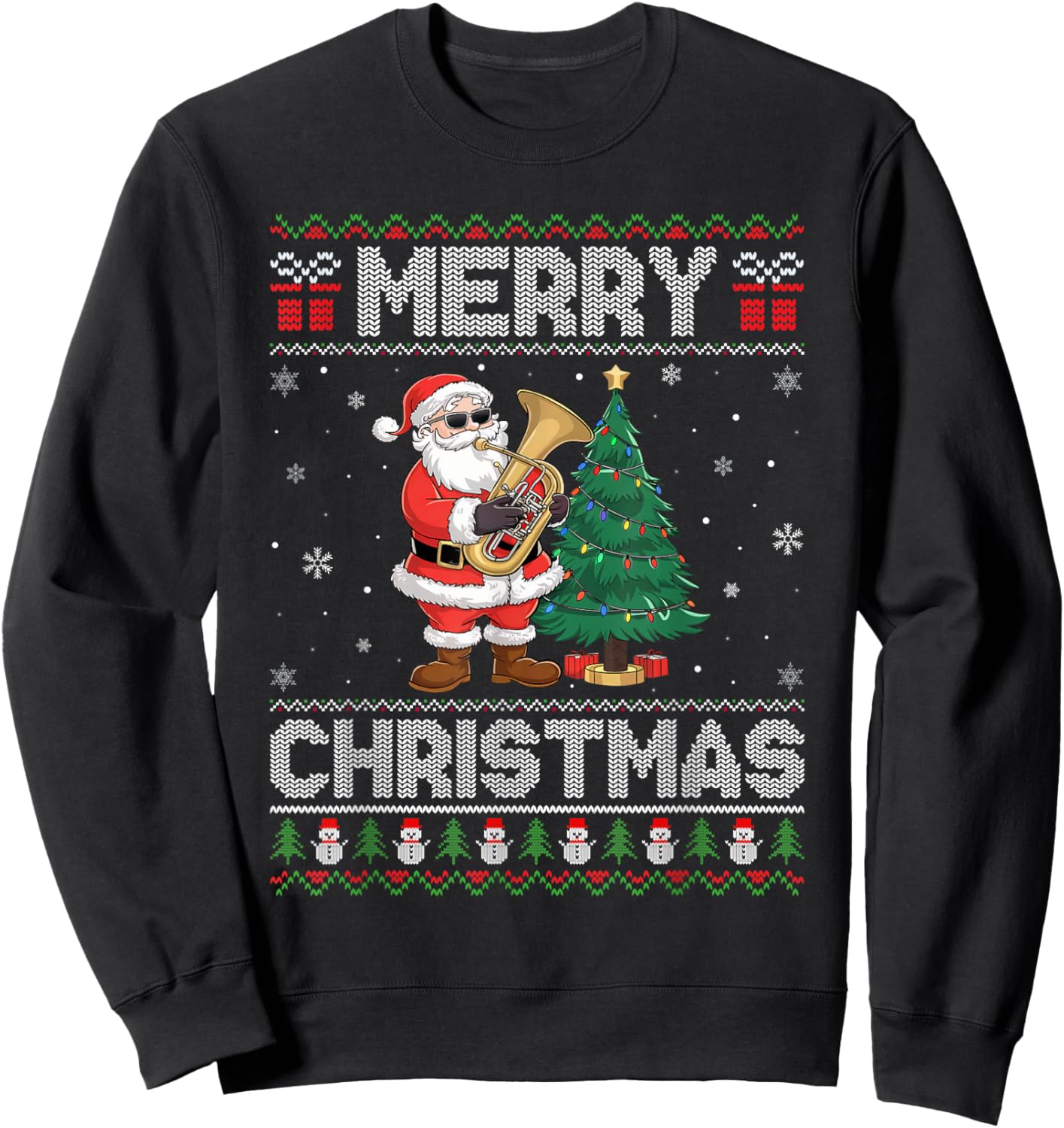 Santa Playing Tuba Men Women Kids Ugly Christmas Sweatshirt - Sweatshirt | Black