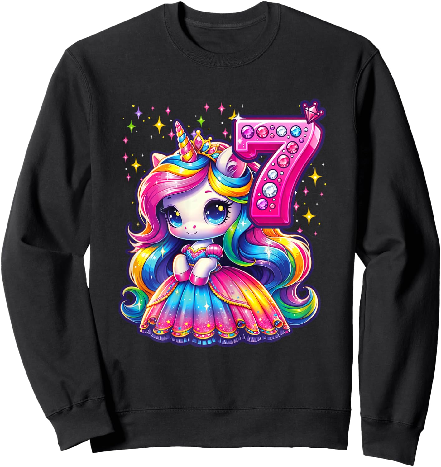 Unicorn Princess 7th Birthday 7 Year Old Party Girl Outfit Sweatshirt - Sweatshirt | Black