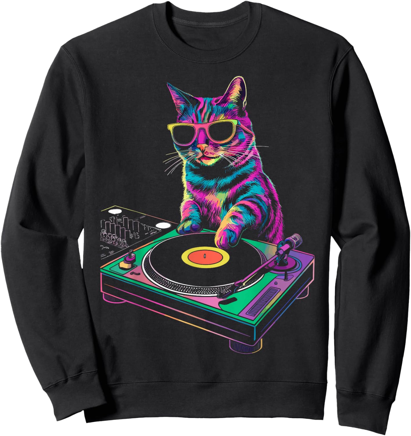 House DJ Cat Rainbow DJ Cat Kitty on Turntable Disco DJ Cat Sweatshirt - Sweatshirt | Black
