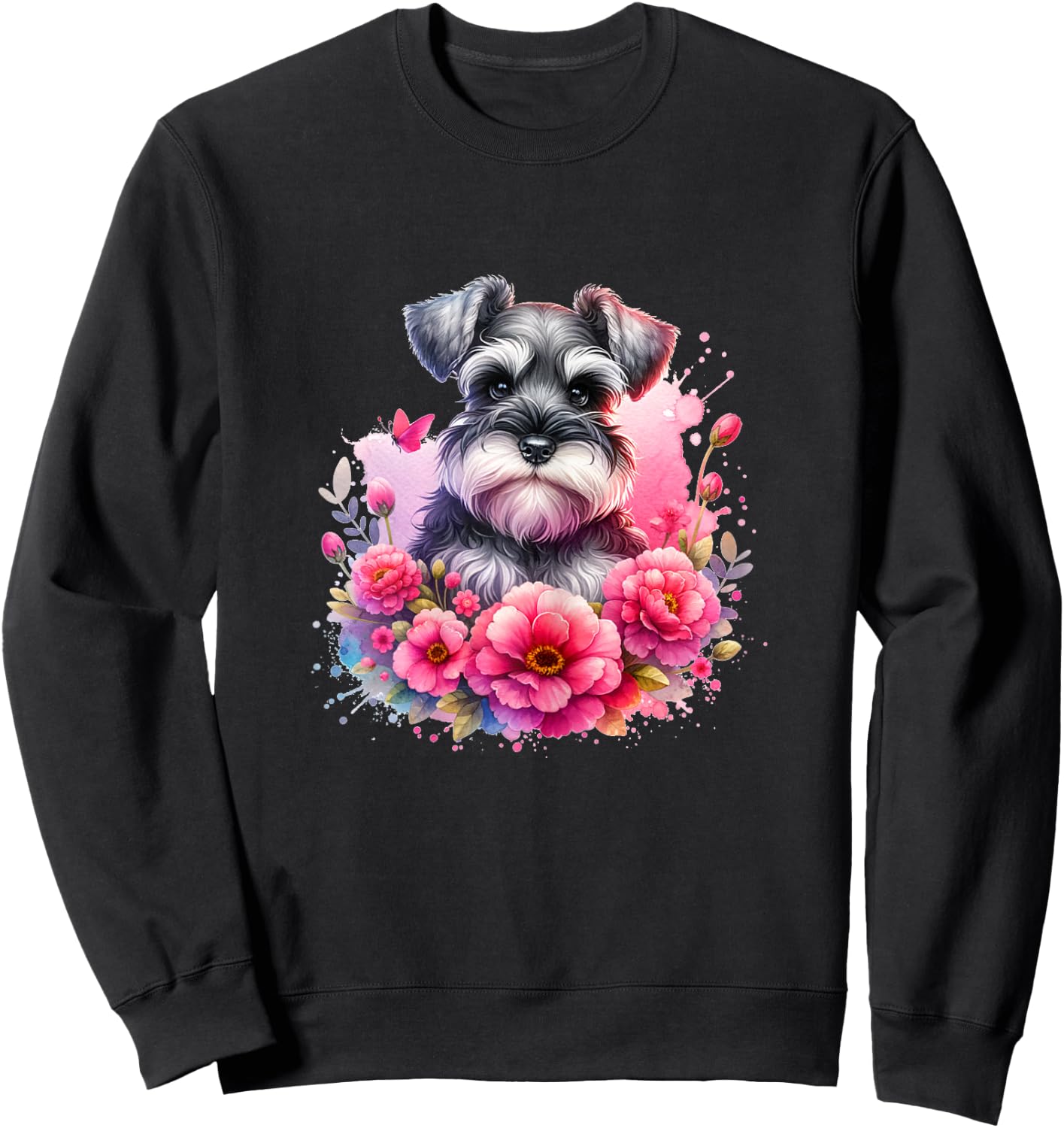 Watercolor Cute Miniature Schnauzer Dog Mom Pink Flowers Sweatshirt - Sweatshirt | Black