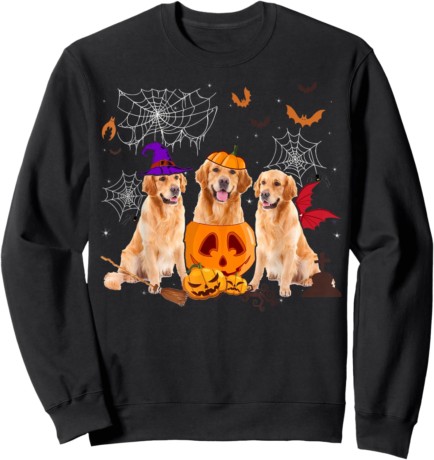 Funny Pumpkin Witch Golden Retriever Dog Halloween Gifts Women Kids Sweatshirt - Sweatshirt | Black