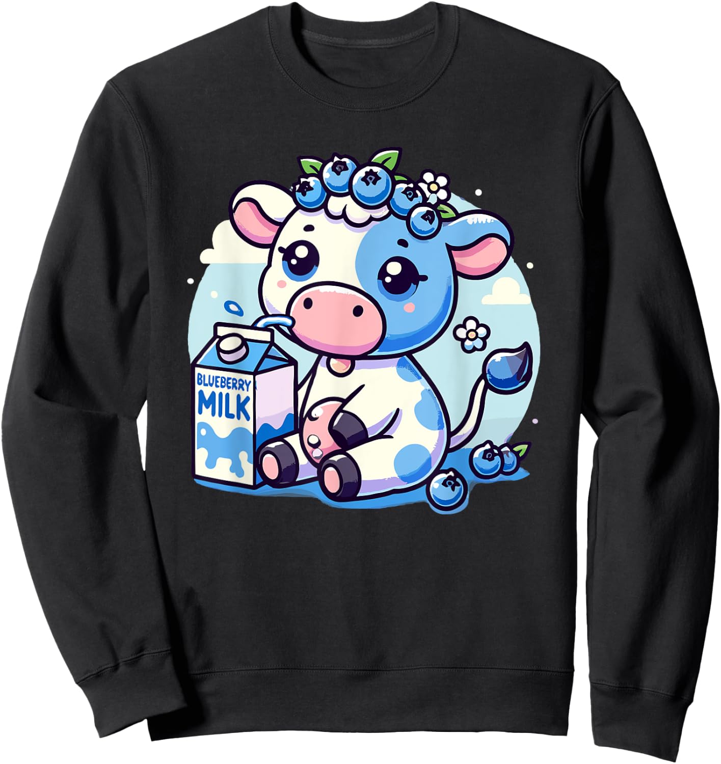 Cute Kawaii Blueberry Milk Cow Animal Milkshake Sweatshirt - Sweatshirt | Black