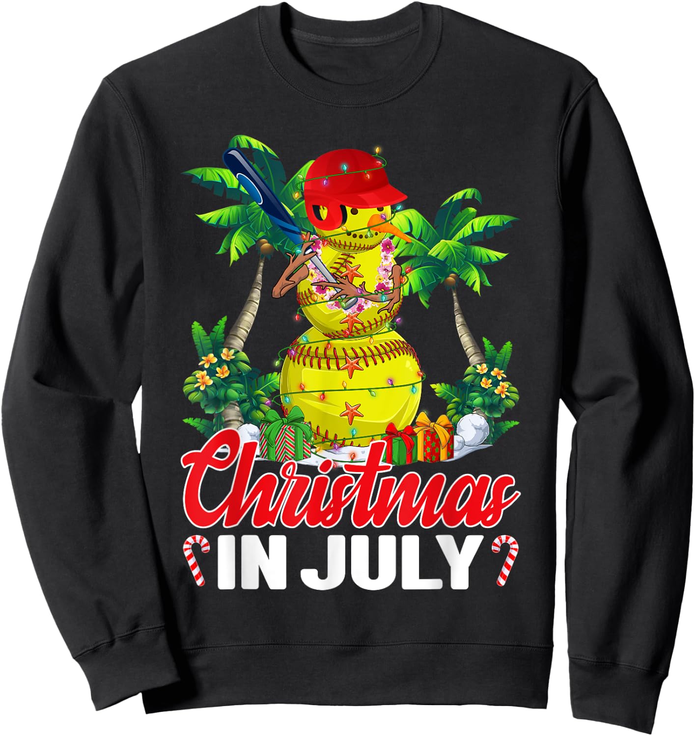 Funny Softball Santa Hat Hawaiian Christmas In July Summer Sweatshirt - Sweatshirt | Black