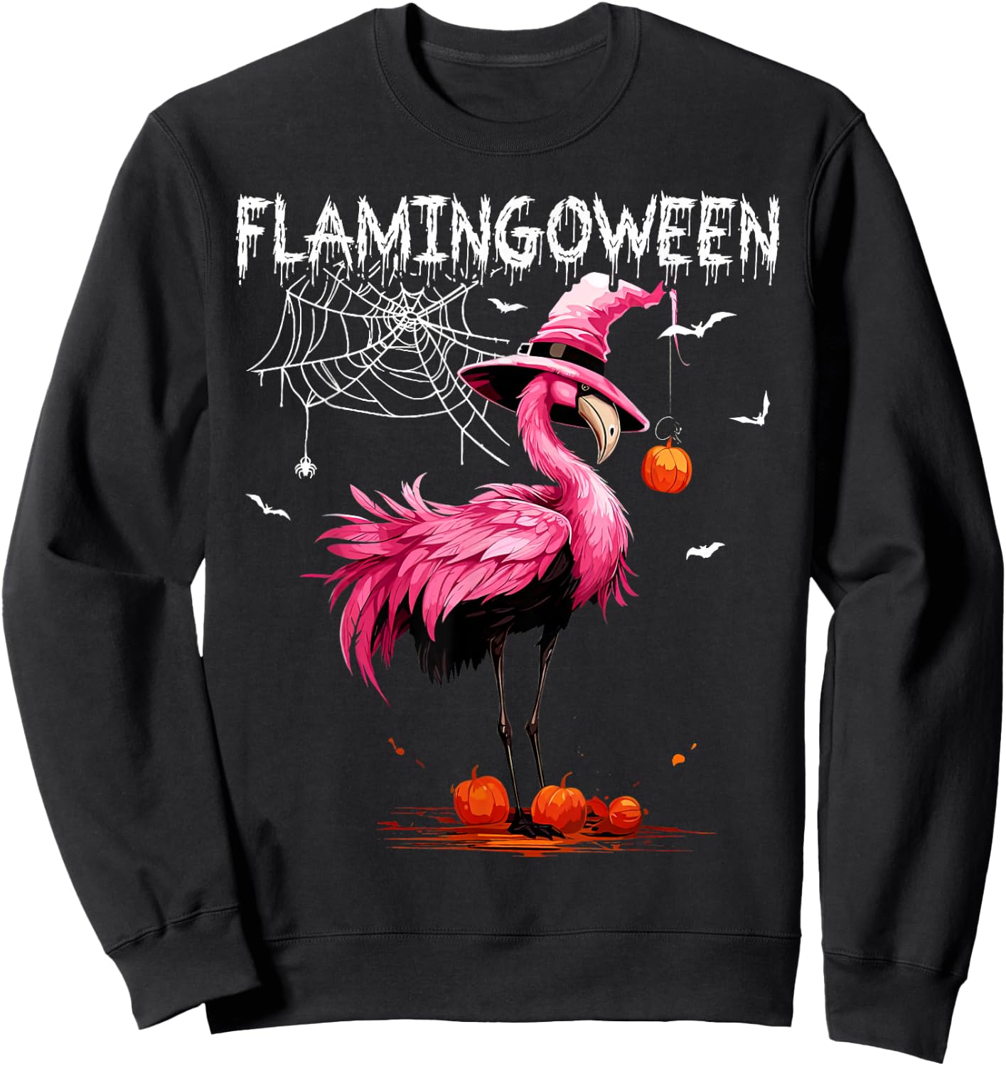 Flamingoween Pink Flamingo Witch Hat Pumpkin Halloween Sweatshirt - Sweatshirt | Black