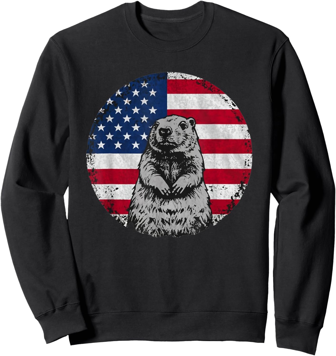 Cute Groundhog animal with American Flag Sweatshirt - Sweatshirt | Black