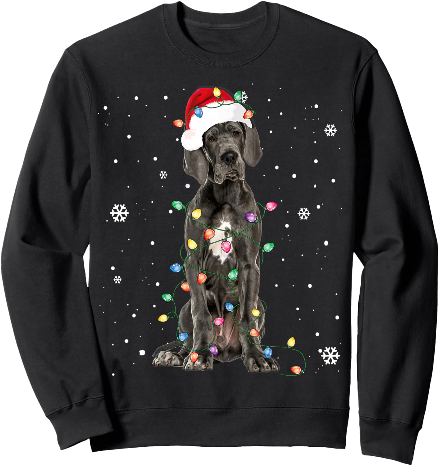 Great Dane Christmas Santa Hat Fairy Lights Pajama Dog Lover Sweatshirt - Sweatshirt | Black