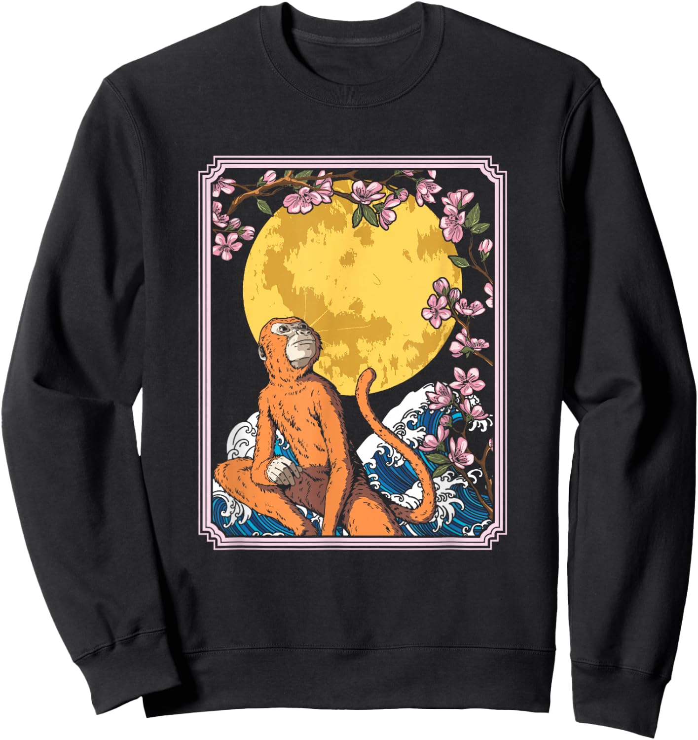 Japan Monkey Ape Animal - Primate Cherry Blossom Moon Sweatshirt - Sweatshirt | Black