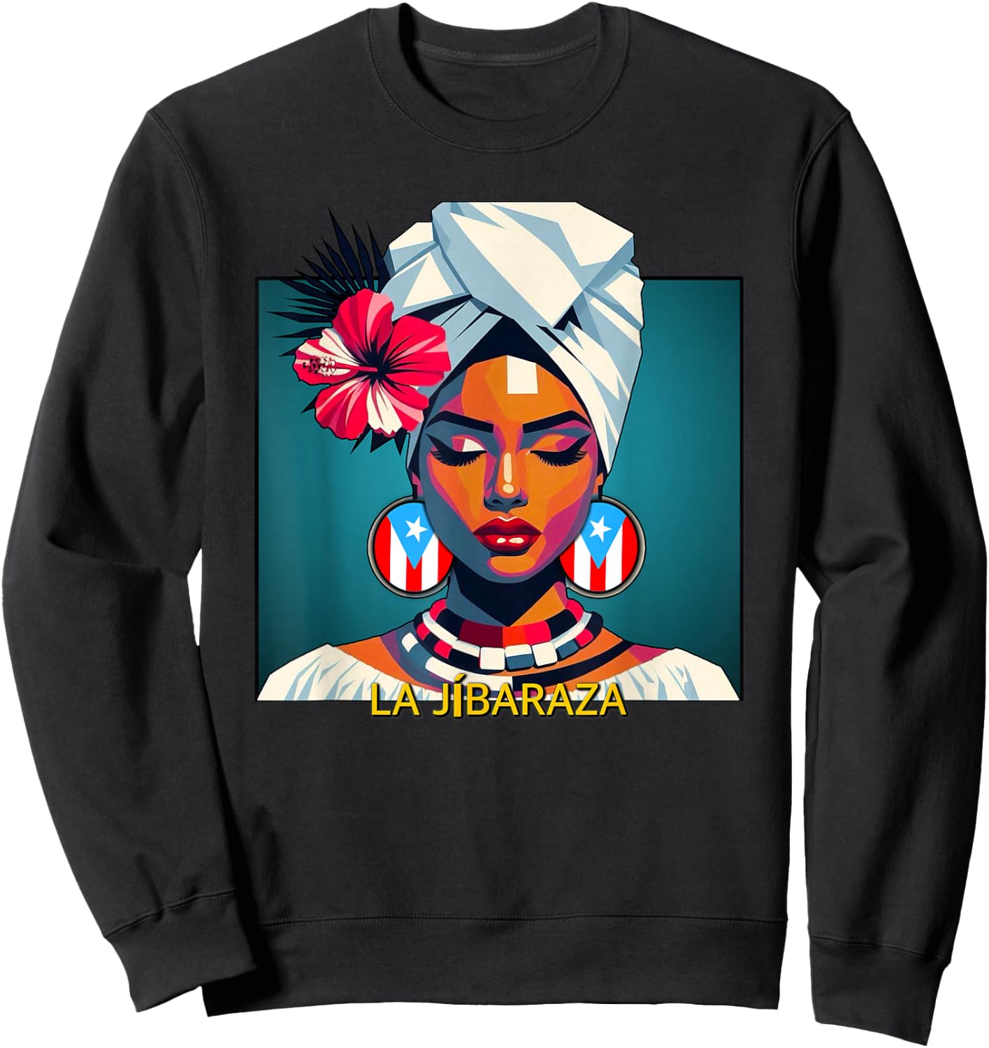 Jibaraza, Boricua Flag, Puerto Rican Jíbara Hibiscus Flower Sweatshirt - Sweatshirt | Black