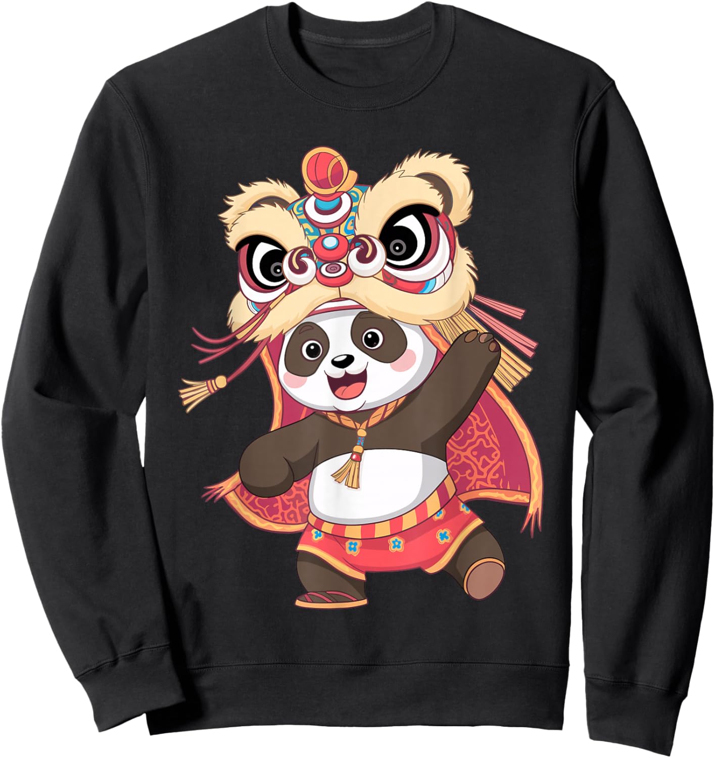 Cute Panda Dancing Happy Chinese New Year 2025 Lion Dance Sweatshirt - Sweatshirt | Black