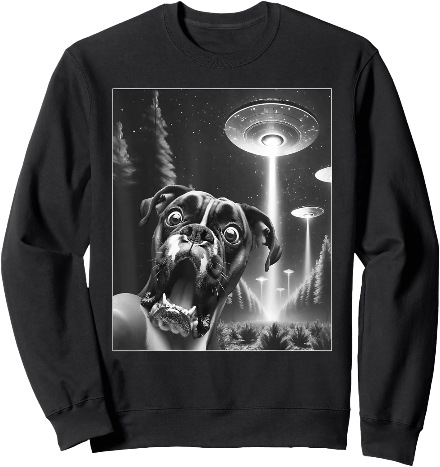 Funny Boxer Dog Alien UFO Taking a Selfie Dog Mom Dad Men Women Girls Kids Sweatshirt - Sweatshirt | Black