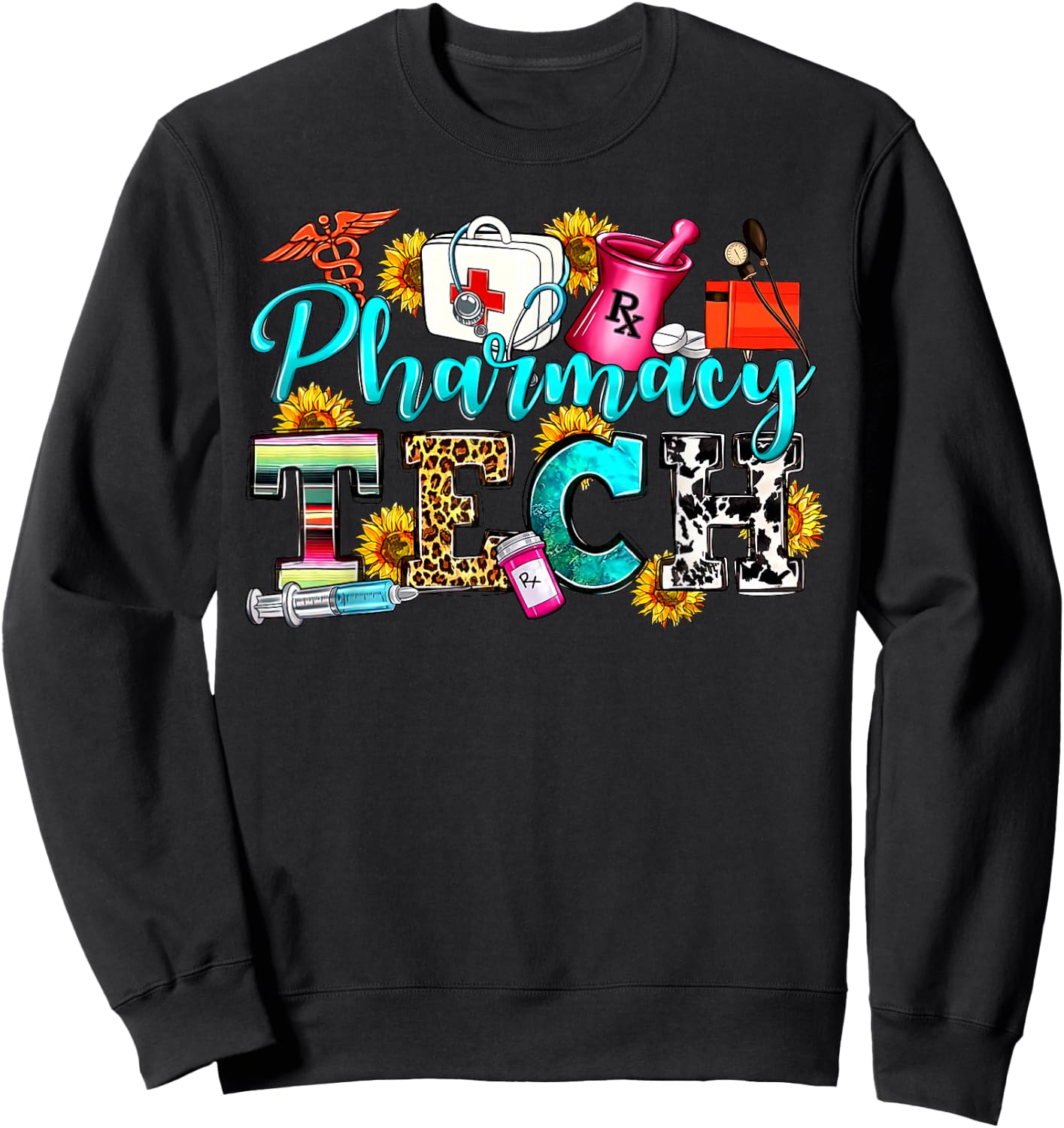 Retro Leopard Pharmacy Tech Pharmacist Certified Pharm Tech Sweatshirt - Sweatshirt | Black
